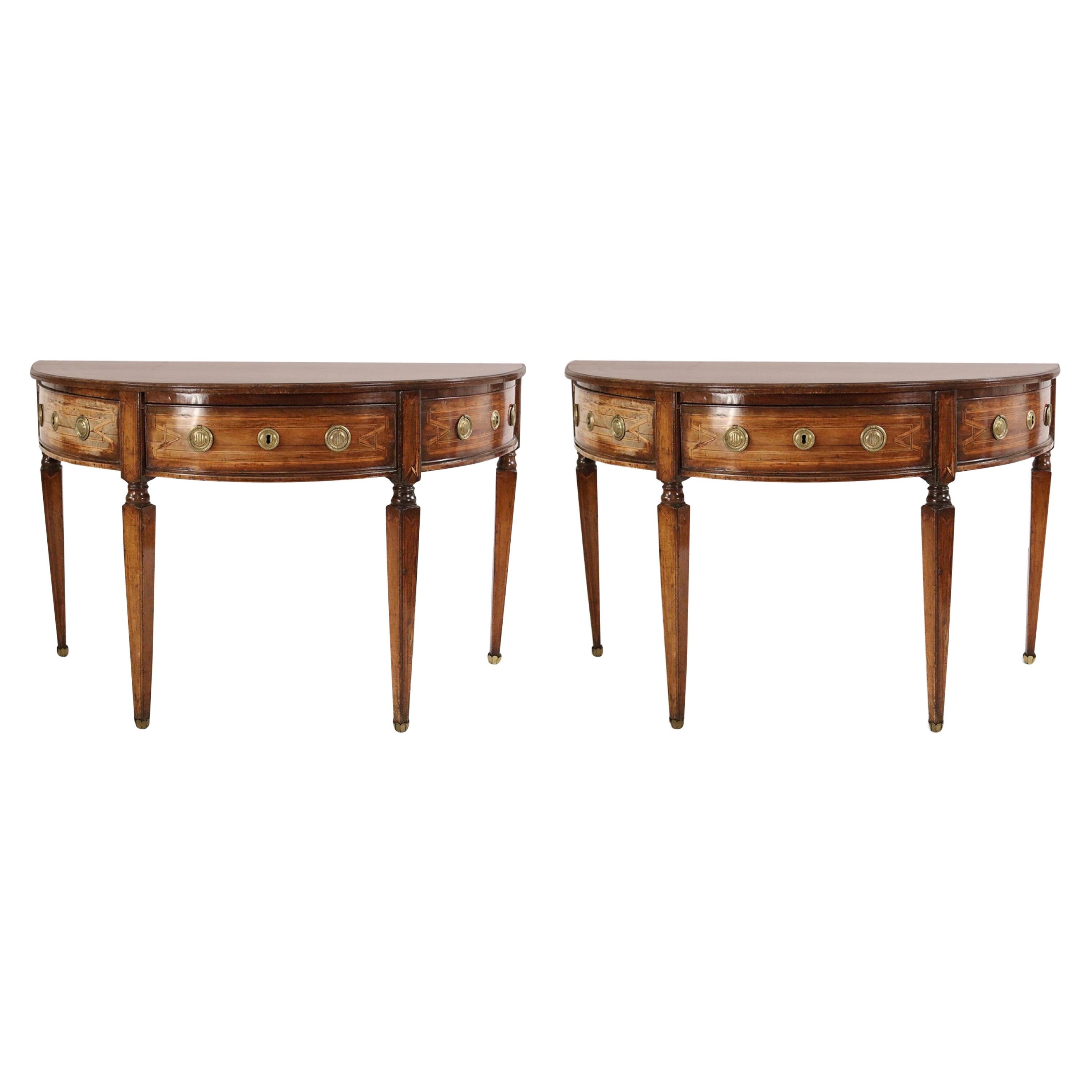 Pair of English Sheraton Style Demilune Inlaid Oak Console Tables For Sale
