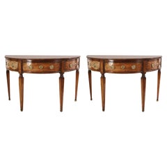 Pair of English Sheraton Style Demilune Inlaid Oak Console Tables