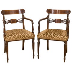 Pair of English Sheraton Style Inlaid and Carved Mahogany Armchairs
