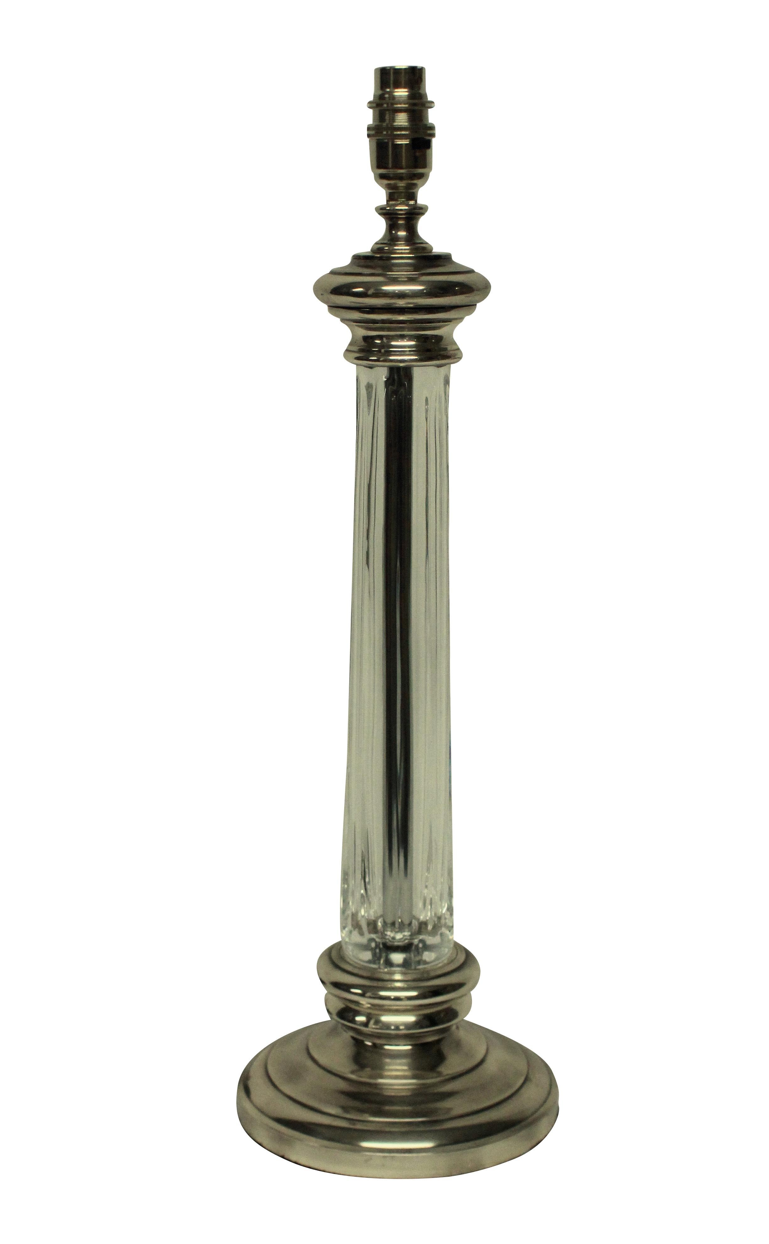 Mid-20th Century Pair of English Silver and Cut-Glass Column Lamps