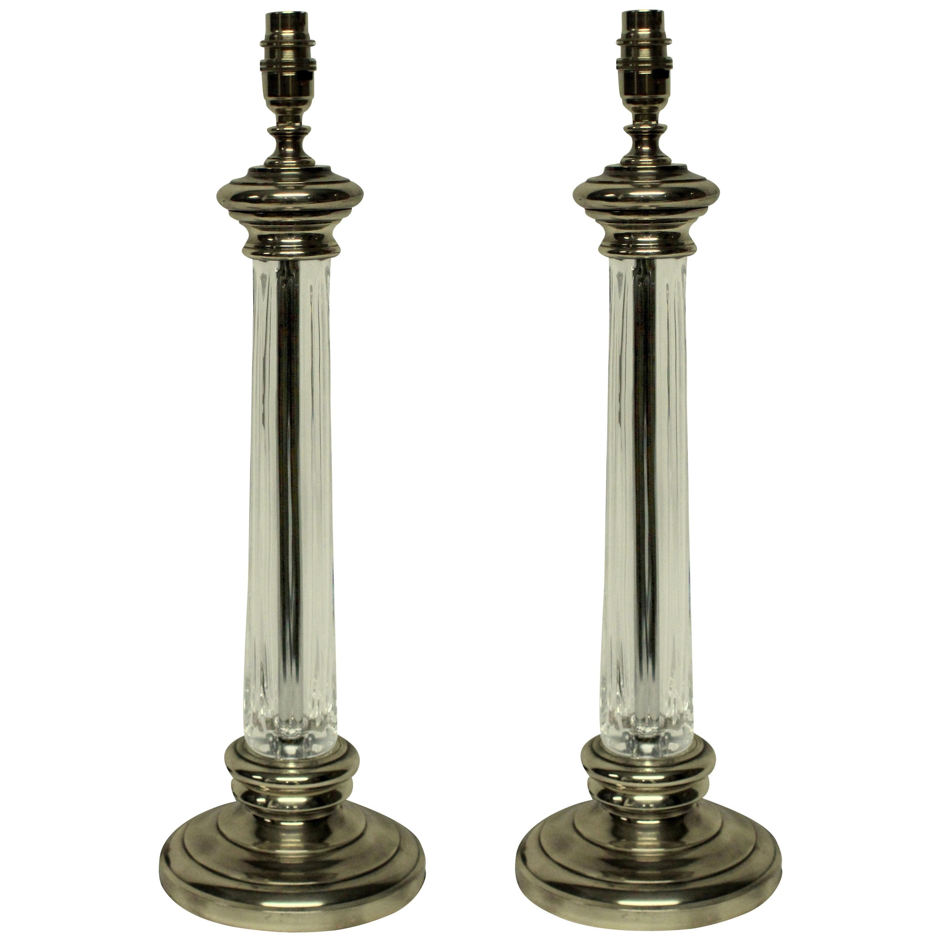 Pair of English Silver and Cut-Glass Column Lamps
