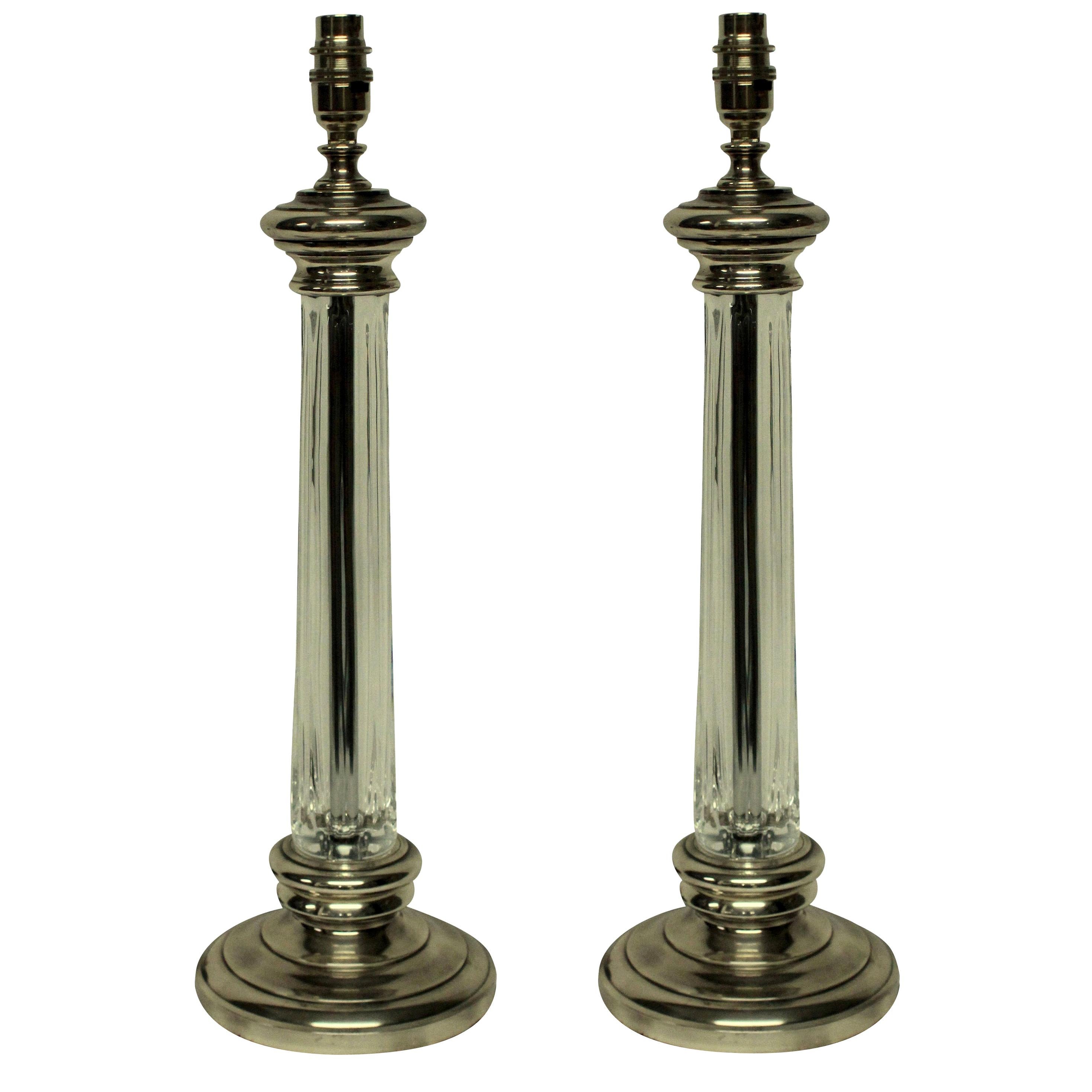 Pair of English Silver and Cut-Glass Column Lamps