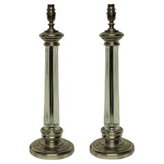 Pair of English Silver and Cut-Glass Column Lamps