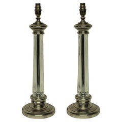 Vintage Pair of English Silver and Cut-Glass Column Lamps