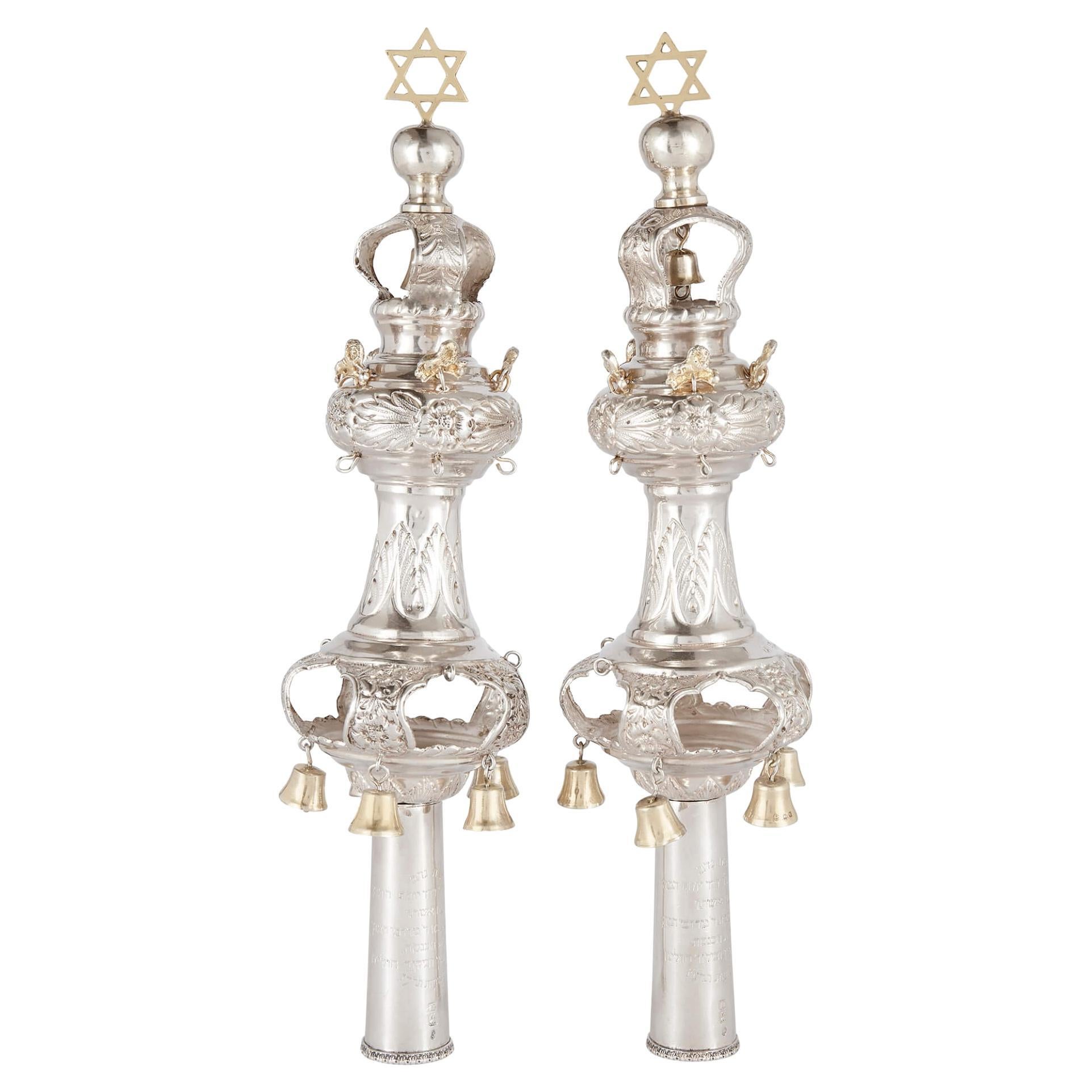 Pair of English Silver and Silver Gilt Rimonim 