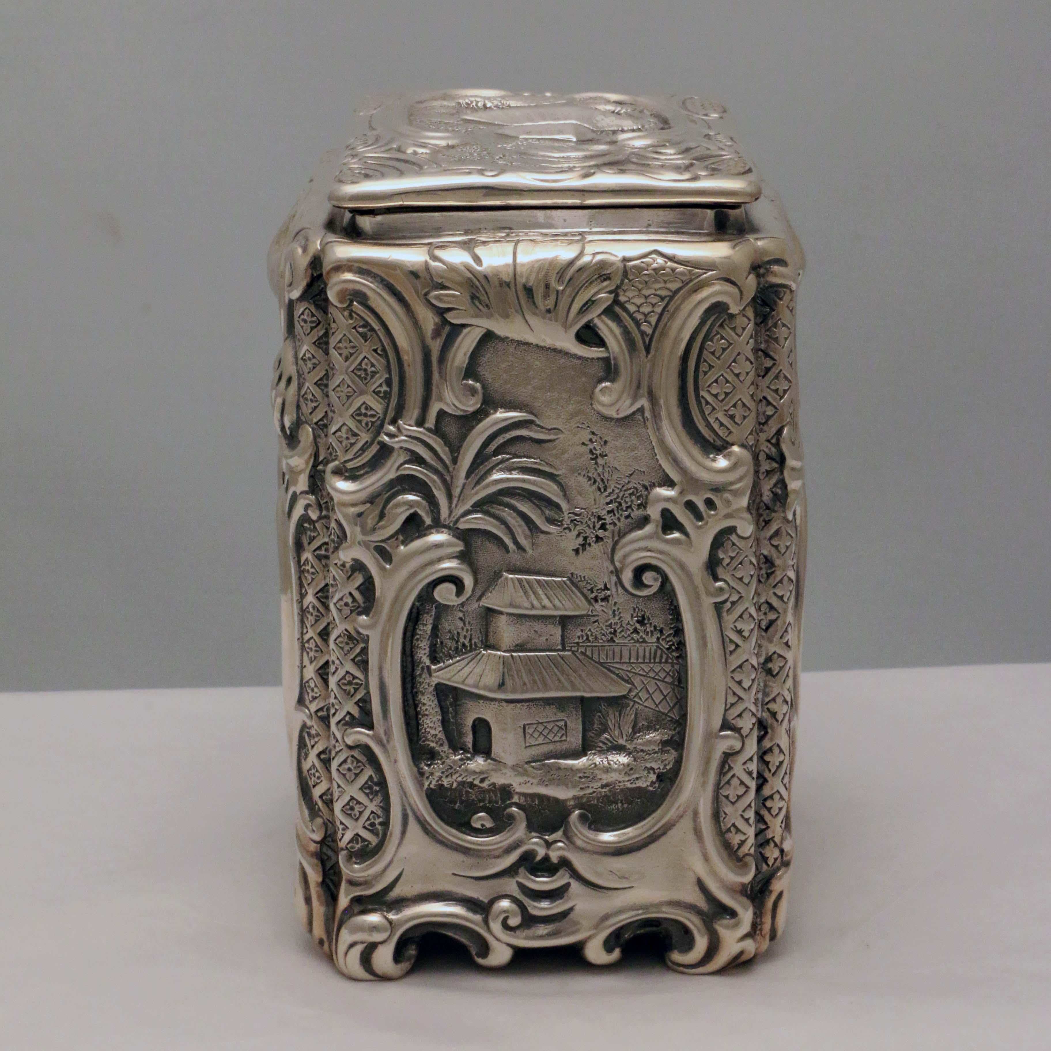 Rococo Pair of English Silver Chinoiserie Tea-Caddies, Mid 19th Century Roccoco Style For Sale