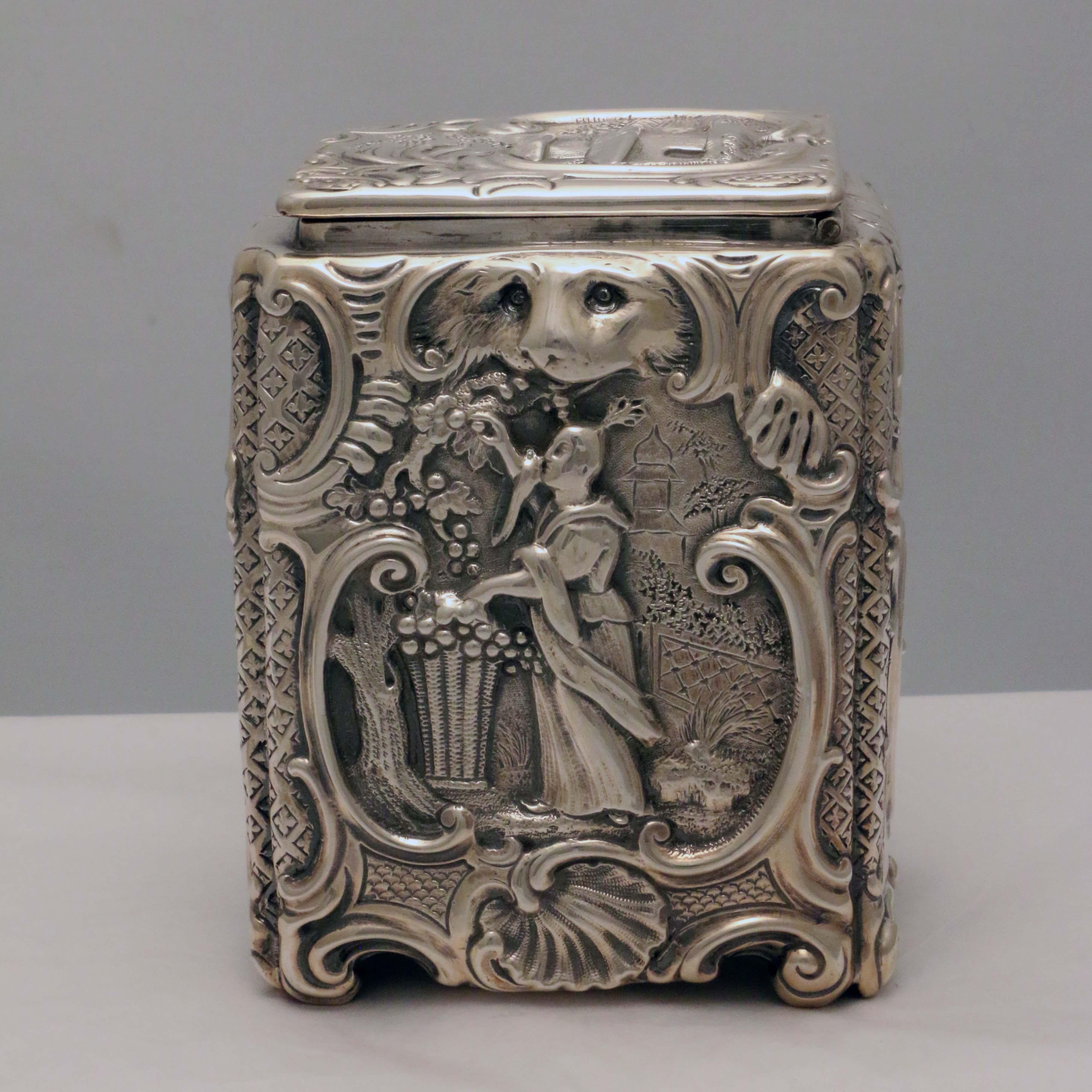 Hand-Crafted Pair of English Silver Chinoiserie Tea-Caddies, Mid 19th Century Roccoco Style For Sale