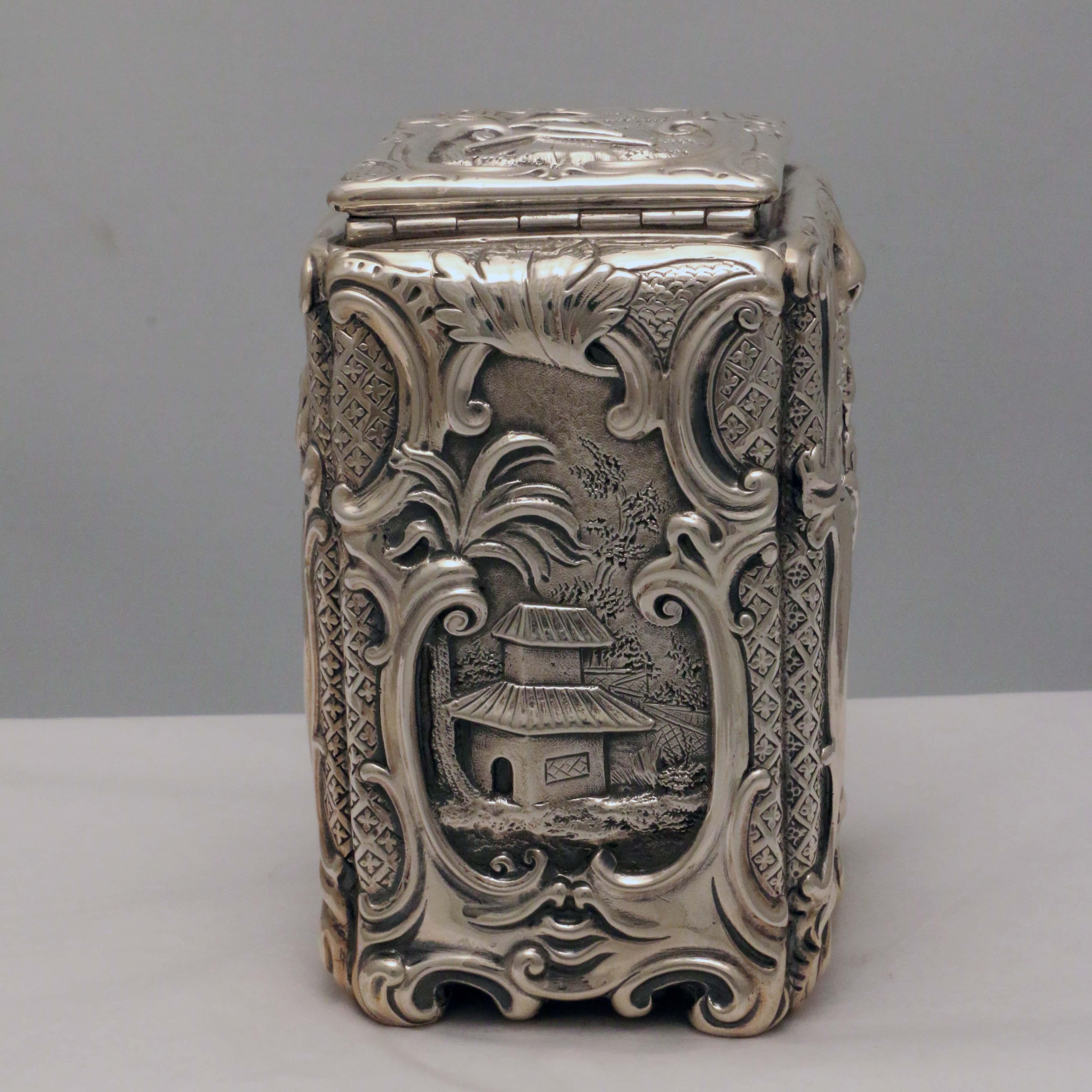 Pair of English Silver Chinoiserie Tea-Caddies, Mid 19th Century Roccoco Style In Good Condition For Sale In Montreal, QC
