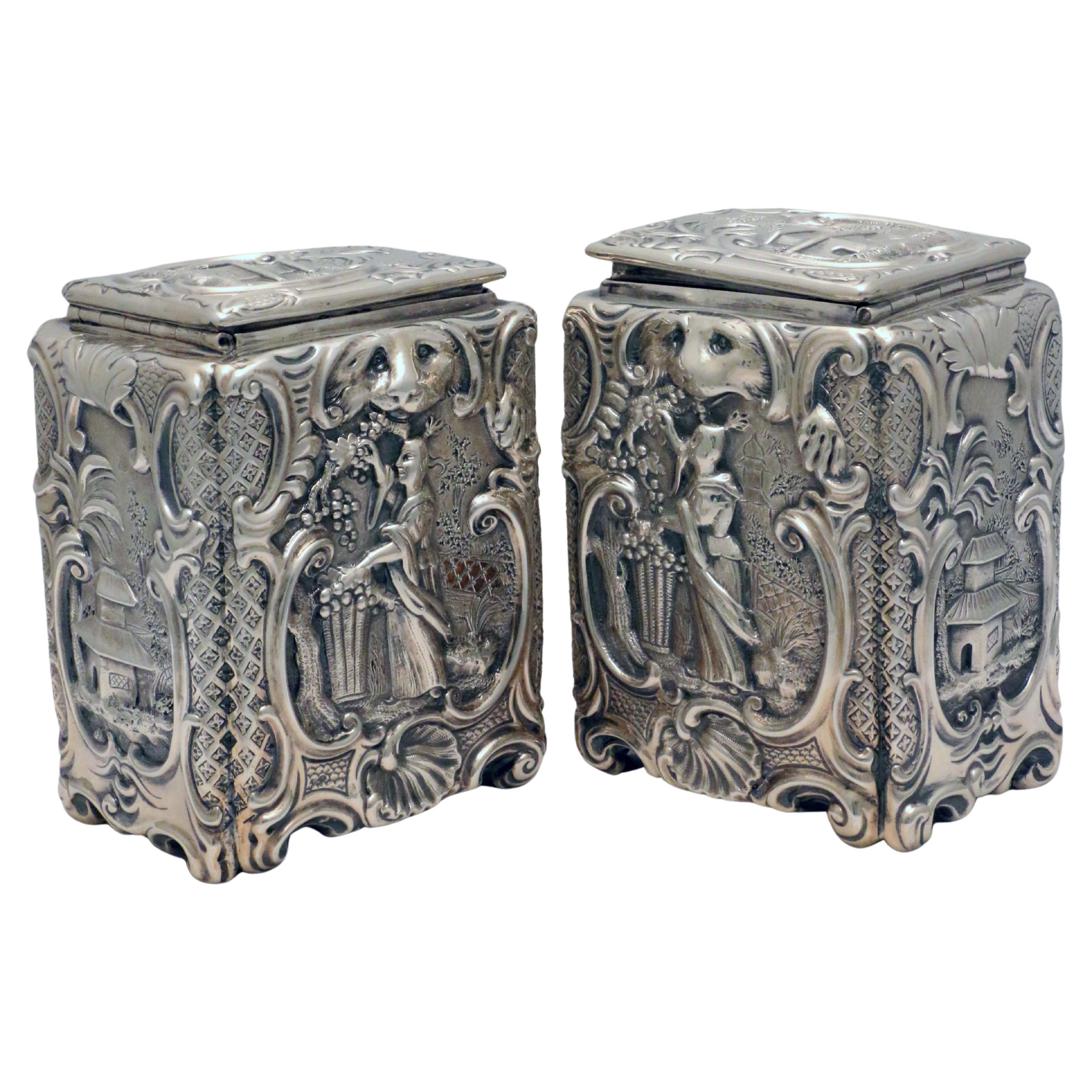 Pair of English Silver Chinoiserie Tea-Caddies, Mid 19th Century Roccoco Style For Sale