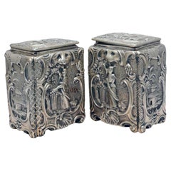 Used Pair of English Silver Chinoiserie Tea-Caddies, Mid 19th Century Roccoco Style