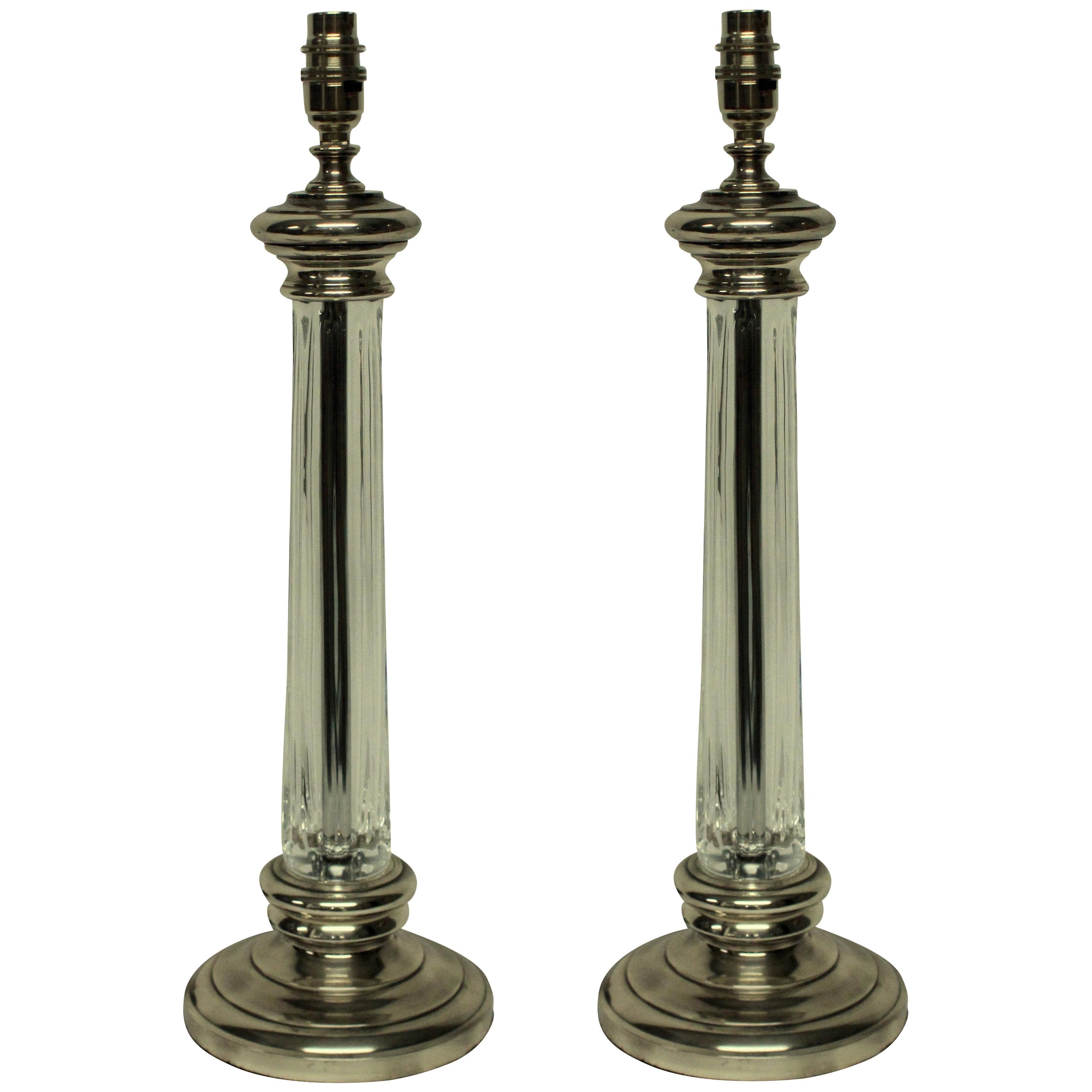 Pair of English Silver & Cut-Glass Column Lamps