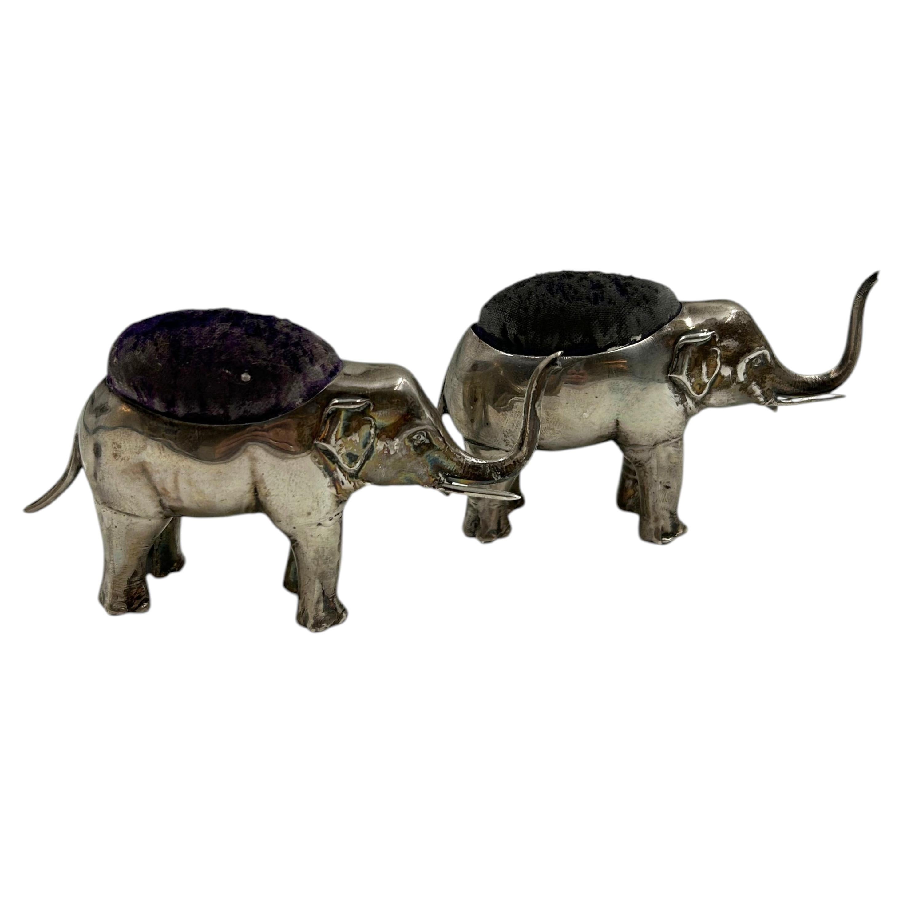 Pair of English Silver Elephant Pin Cushions with Velvet Tops, Early 20th Centur