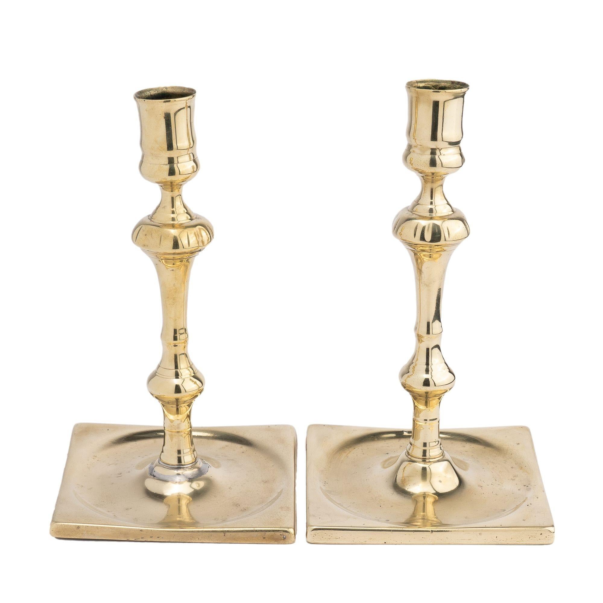 18th Century and Earlier Pair of English silver form cast brass candlesticks, 1680-1720 For Sale