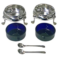 Pair of English Silver Georgian Style Open Salts and Spoons Cobalt Blue Liners