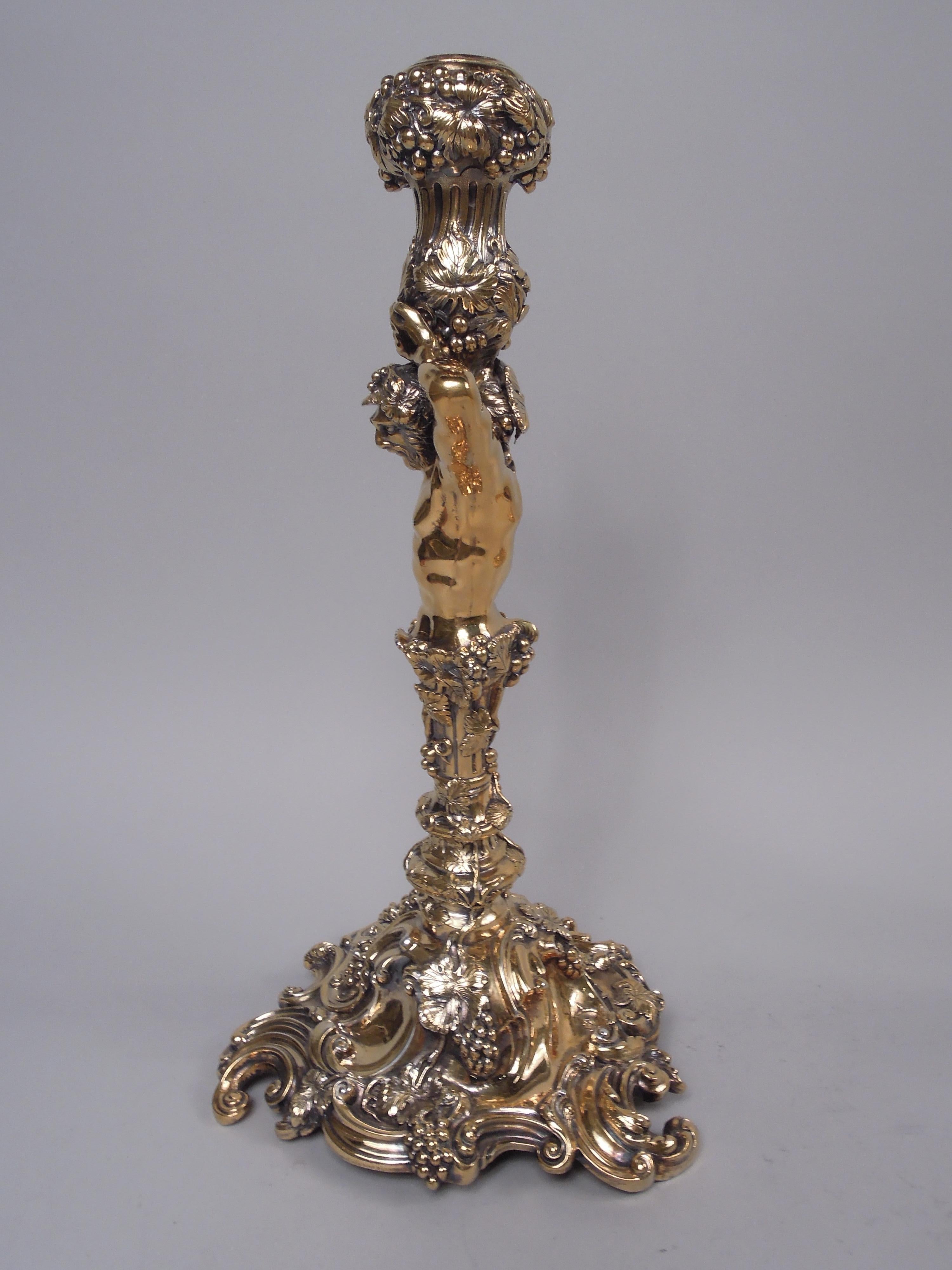 Rococo Pair of English Silver Gilt Grapevine Bacchus Herm Candlesticks After Lamerie For Sale