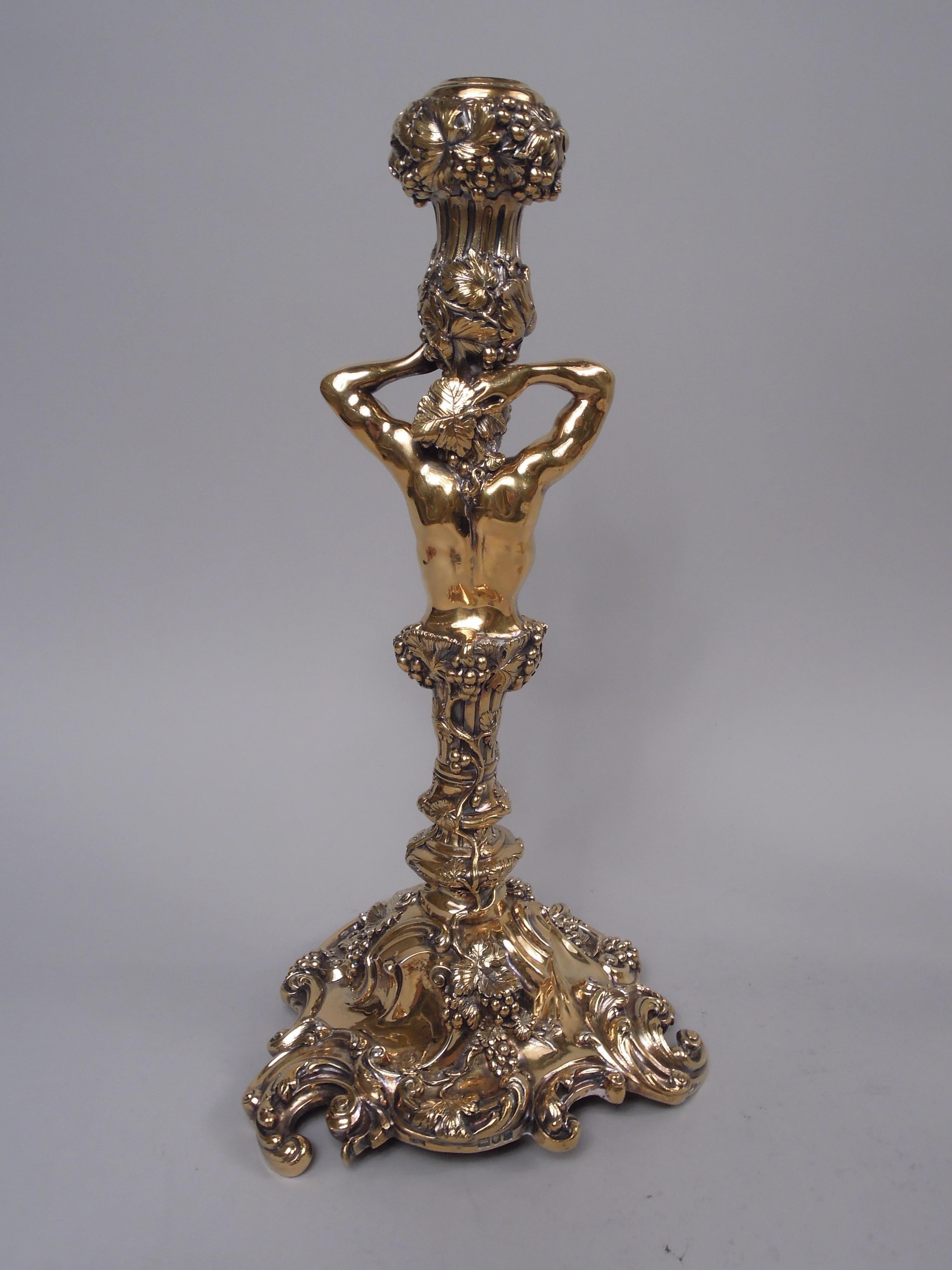British Pair of English Silver Gilt Grapevine Bacchus Herm Candlesticks After Lamerie For Sale