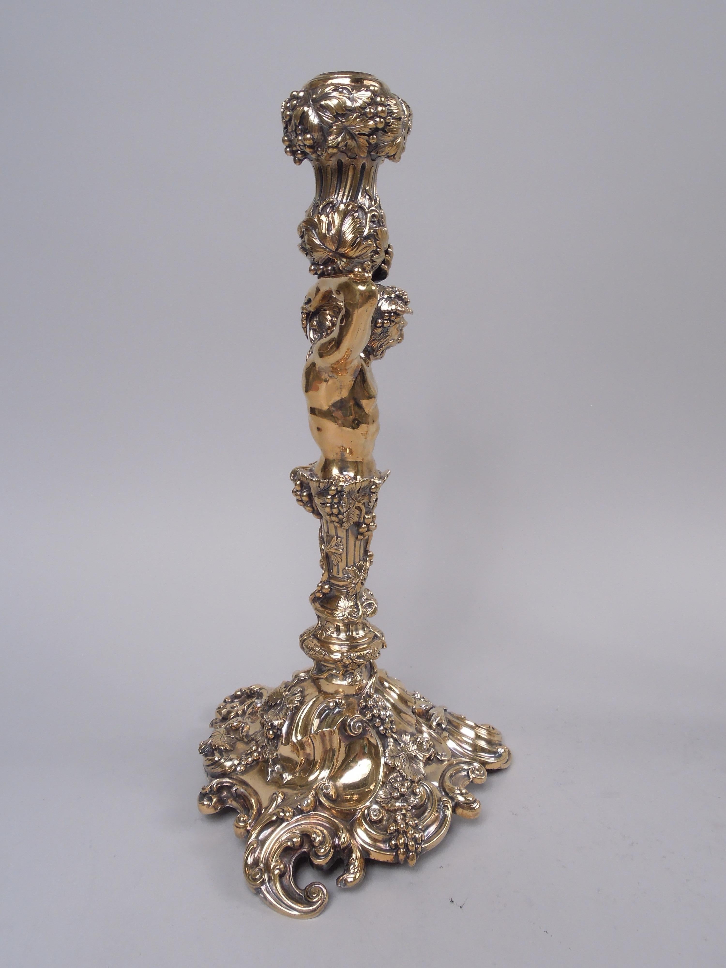 Pair of English Silver Gilt Grapevine Bacchus Herm Candlesticks After Lamerie In Good Condition For Sale In New York, NY