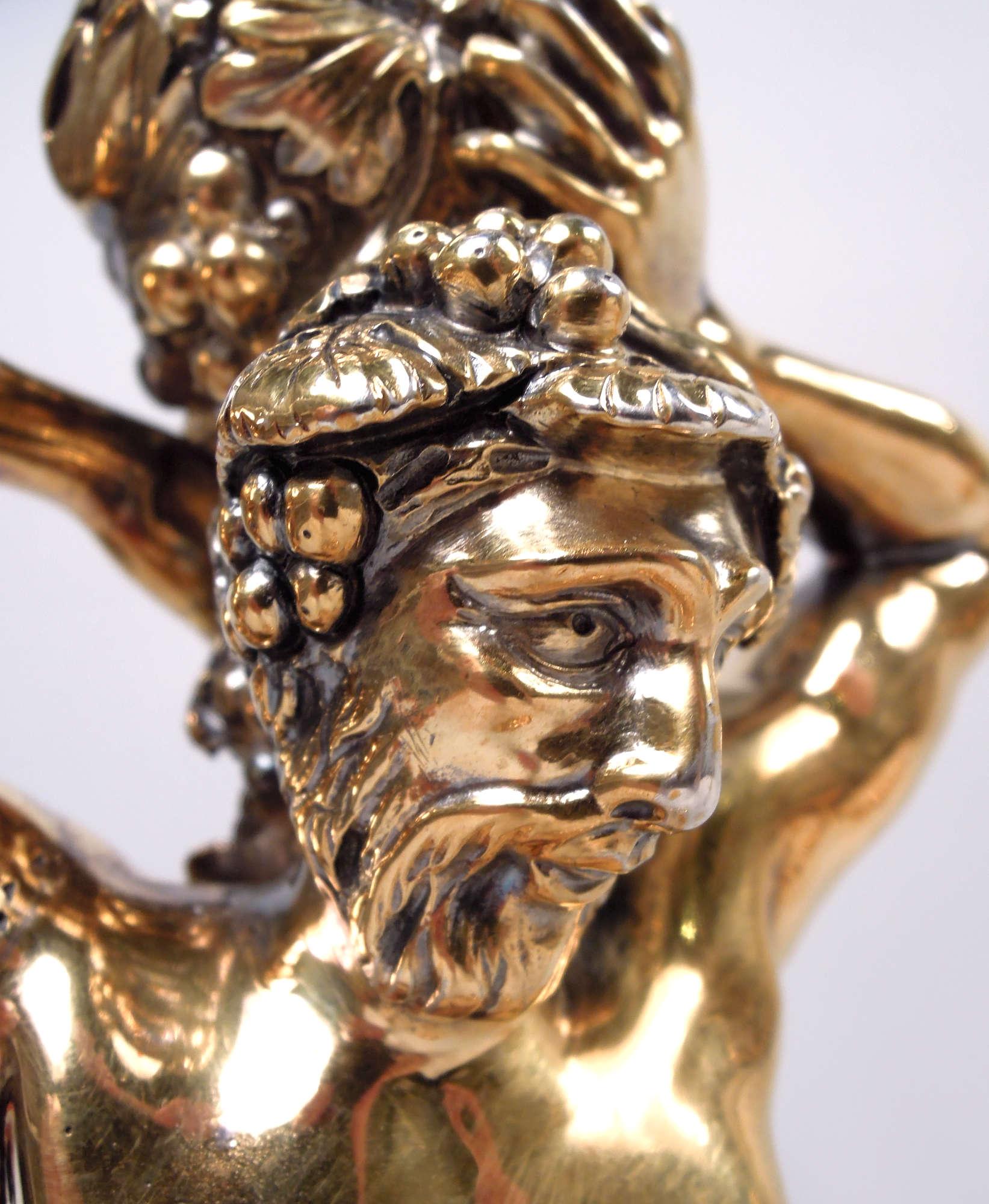 Early 20th Century Pair of English Silver Gilt Grapevine Bacchus Herm Candlesticks After Lamerie For Sale