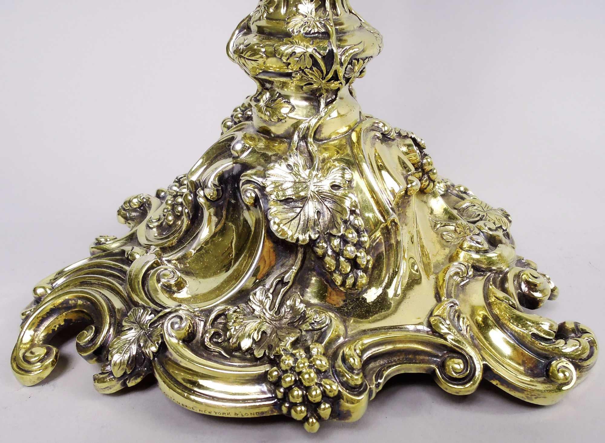 Sterling Silver Pair of English Silver Gilt Grapevine Bacchus Herm Candlesticks After Lamerie For Sale
