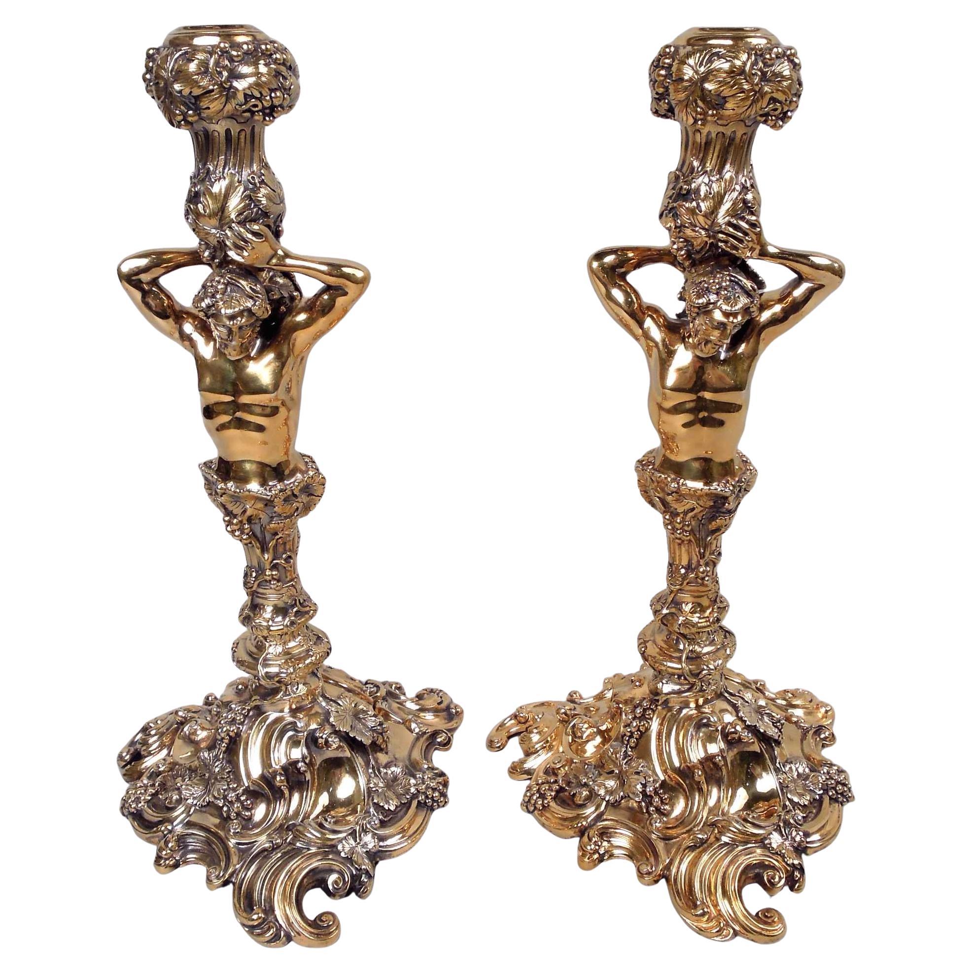 Pair of English Silver Gilt Grapevine Bacchus Herm Candlesticks After Lamerie For Sale