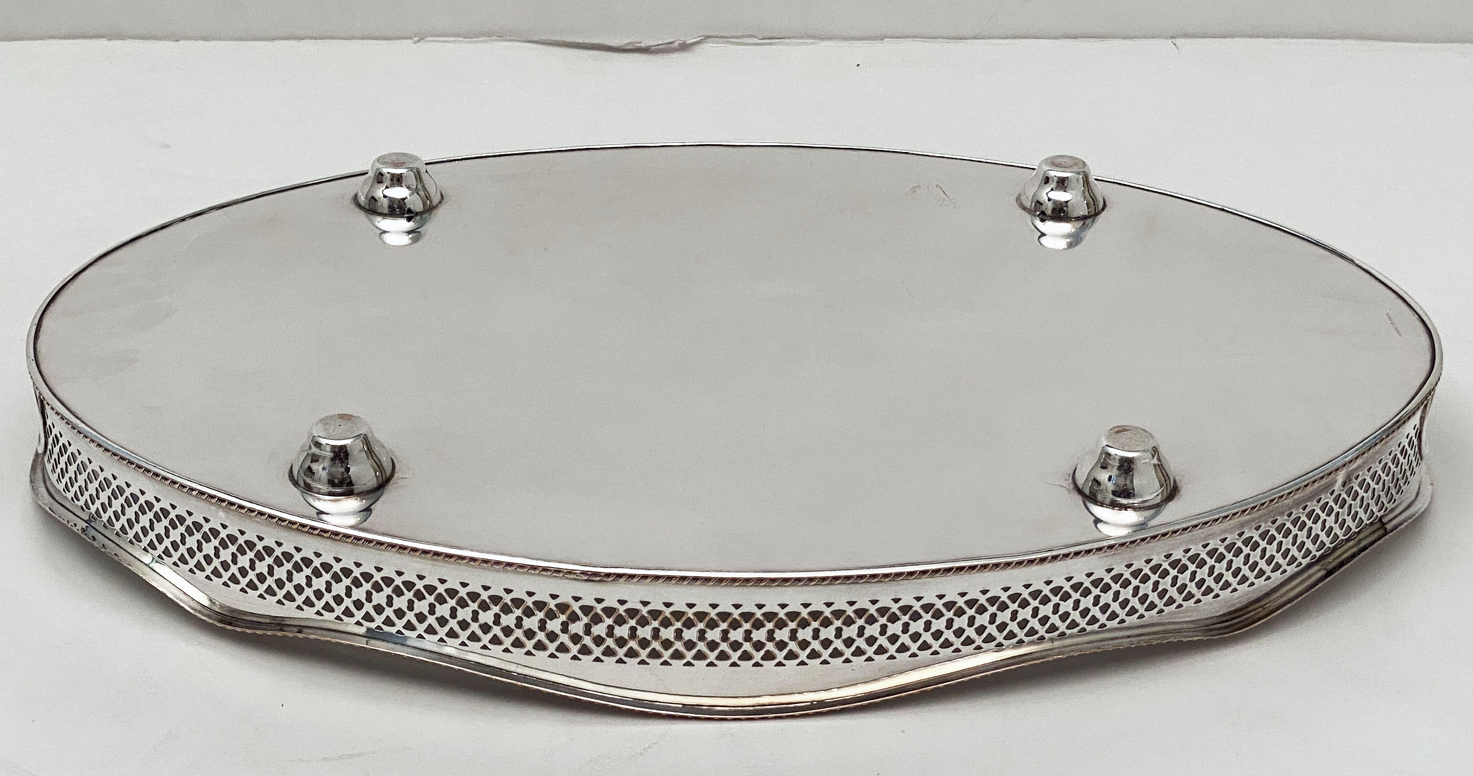 Pair of English Silver Oval Gallery Serving or Drinks Trays 'Priced as a Pair' 14