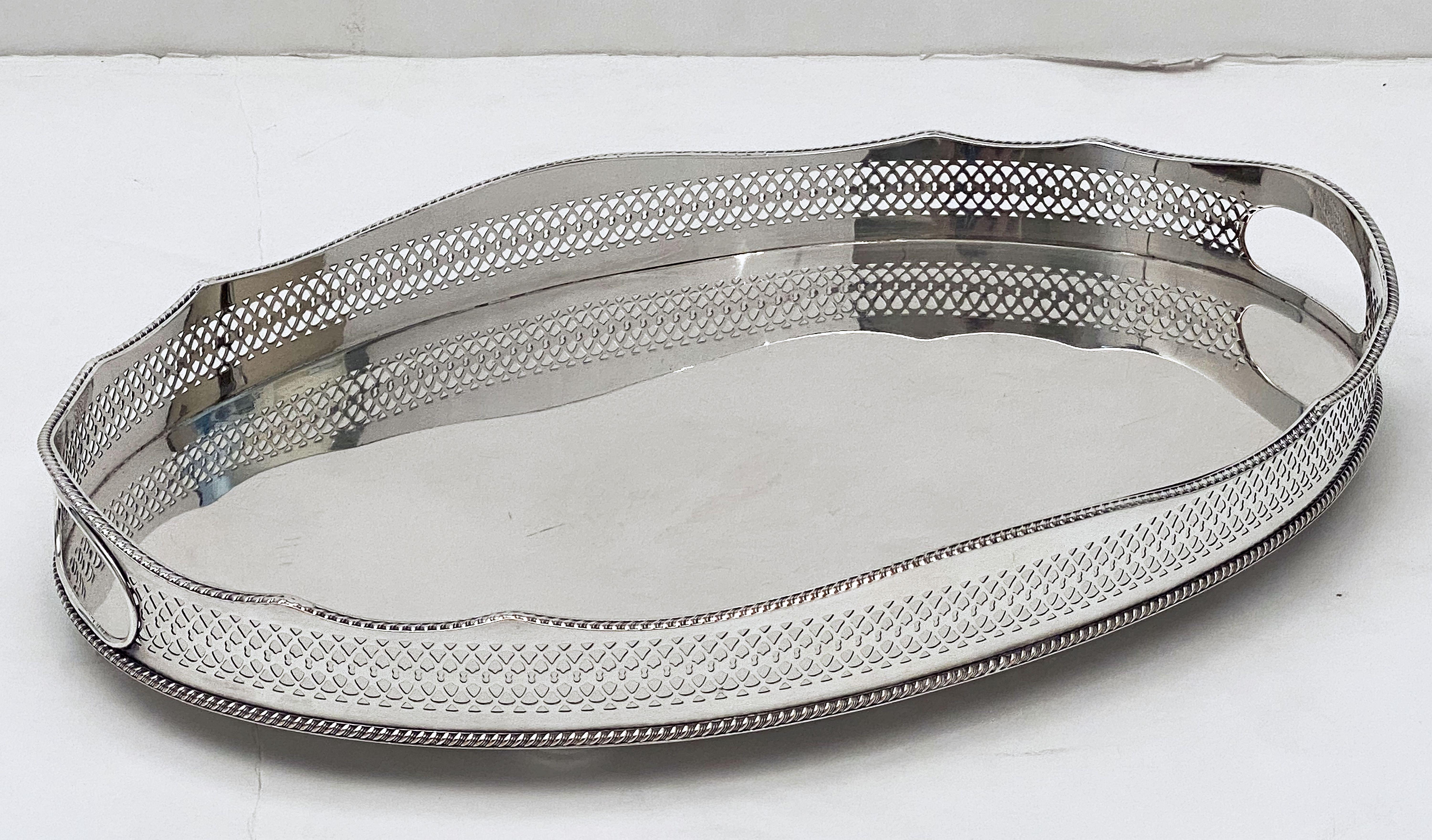 20th Century Pair of English Silver Oval Gallery Serving or Drinks Trays 'Priced as a Pair'