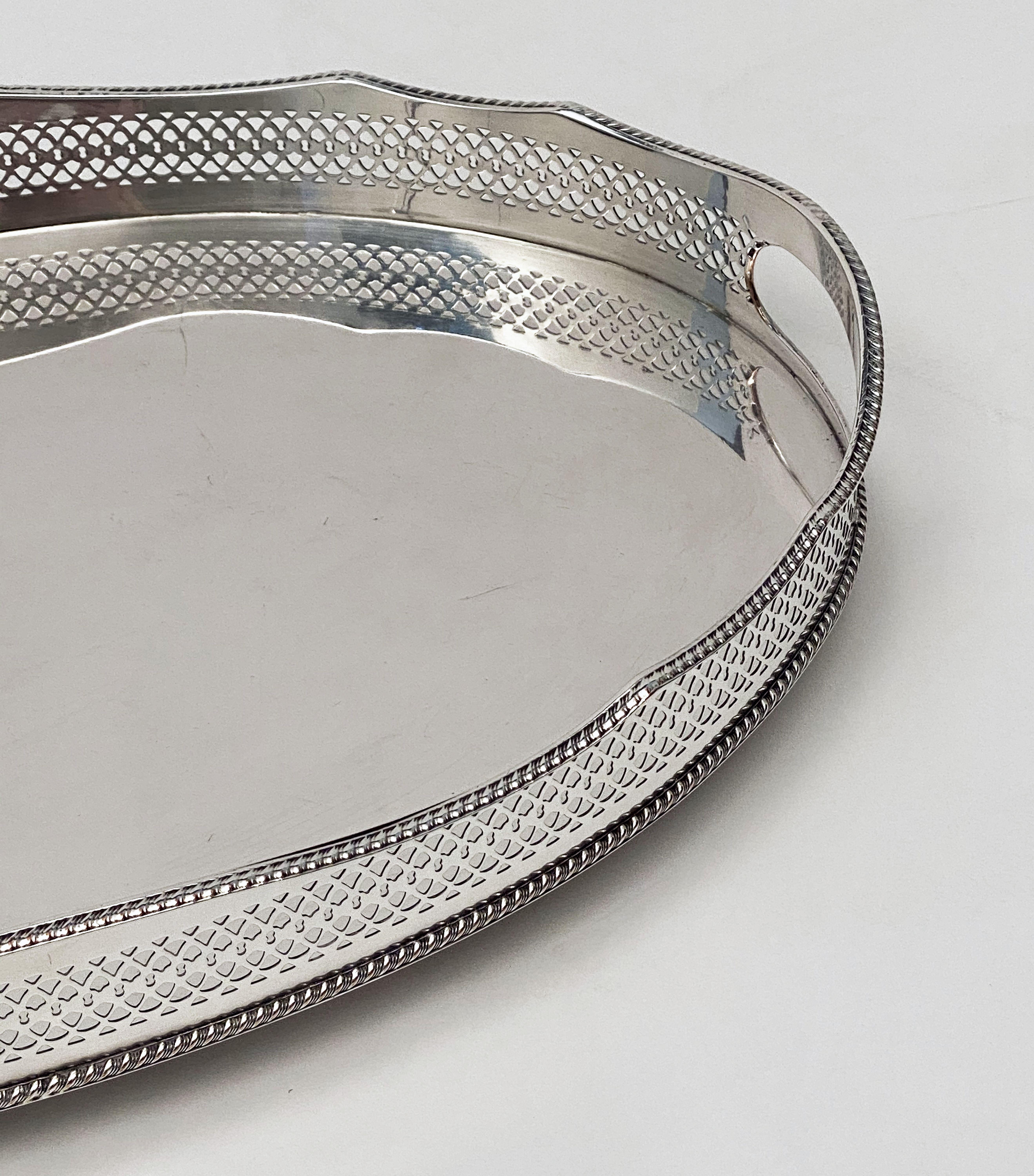 Metal Pair of English Silver Oval Gallery Serving or Drinks Trays 'Priced as a Pair'