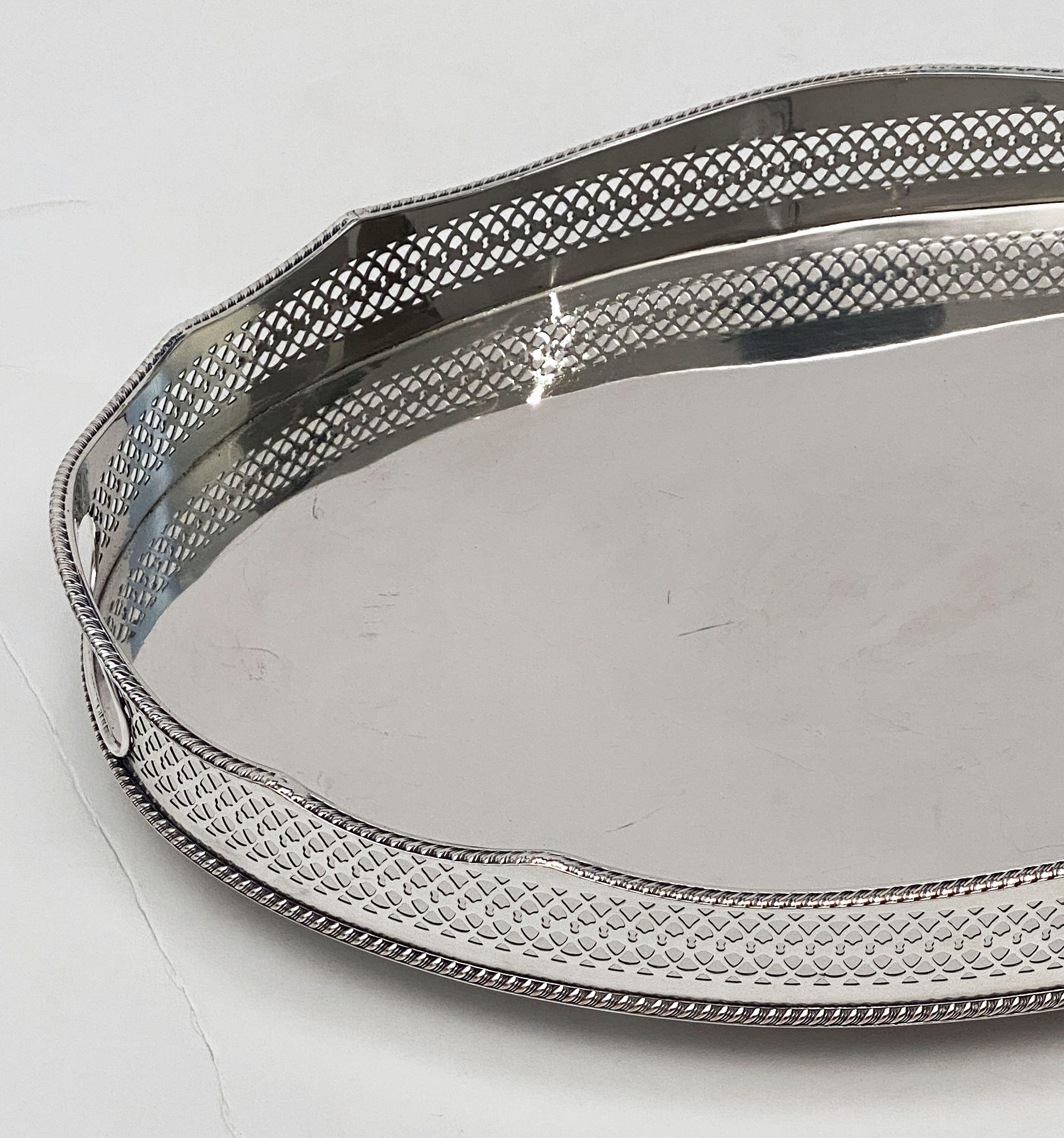Pair of English Silver Oval Gallery Serving or Drinks Trays 'Priced as a Pair' 1