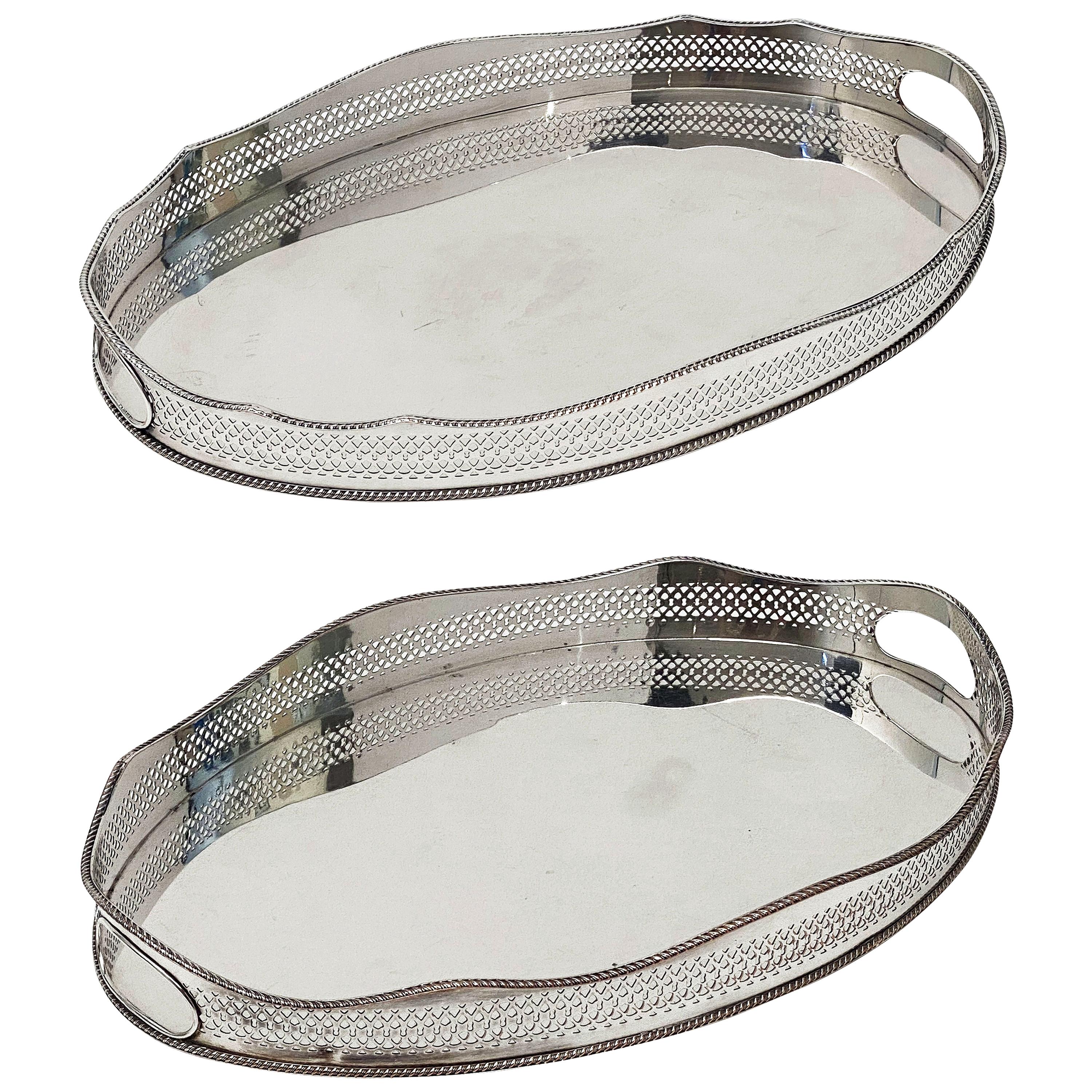 Pair of English Silver Oval Gallery Serving or Drinks Trays 'Priced as a Pair'