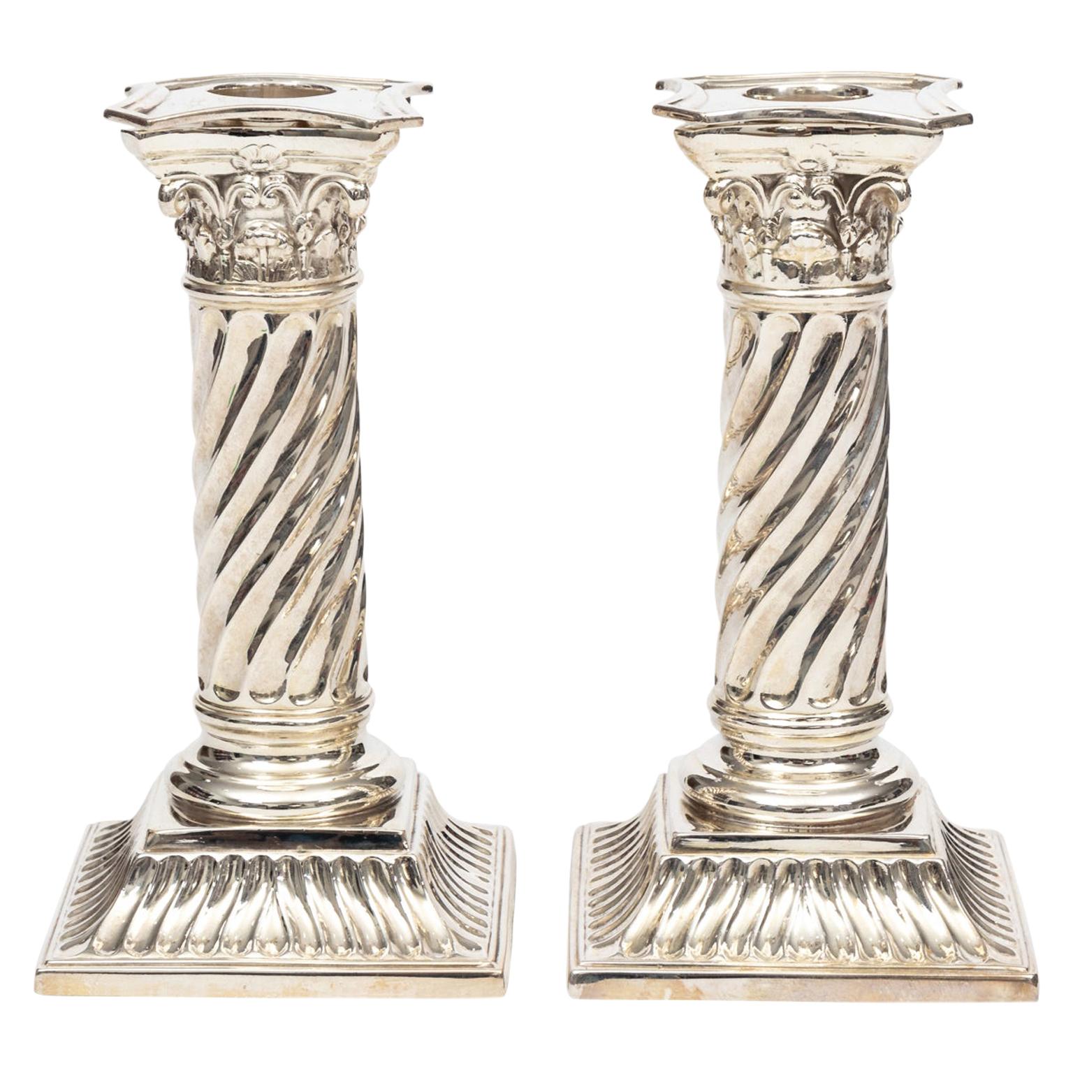 Pair of English Silver Plate Classical Style Candlesticks