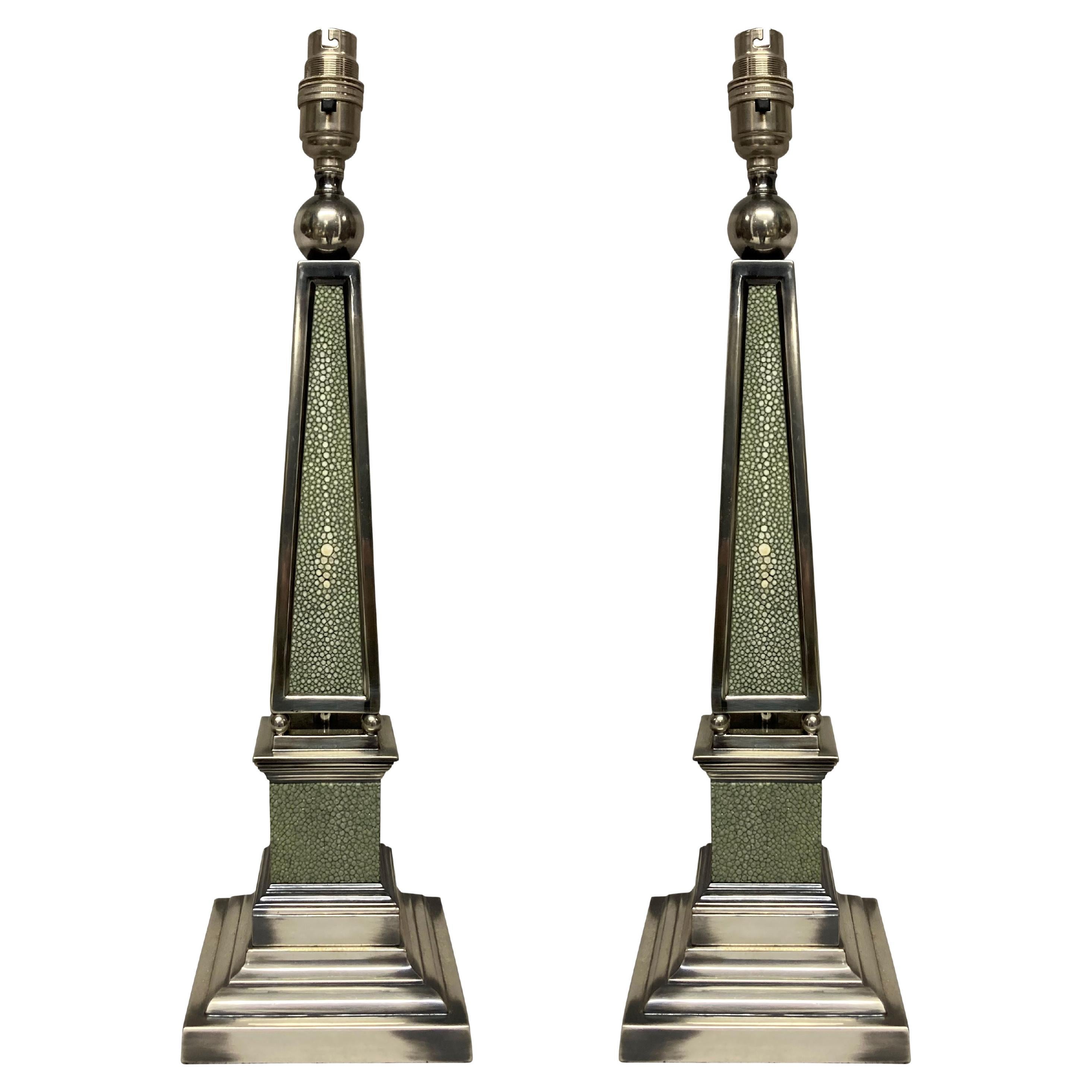 Pair of English Silver Plated Obelisk Lamps For Sale