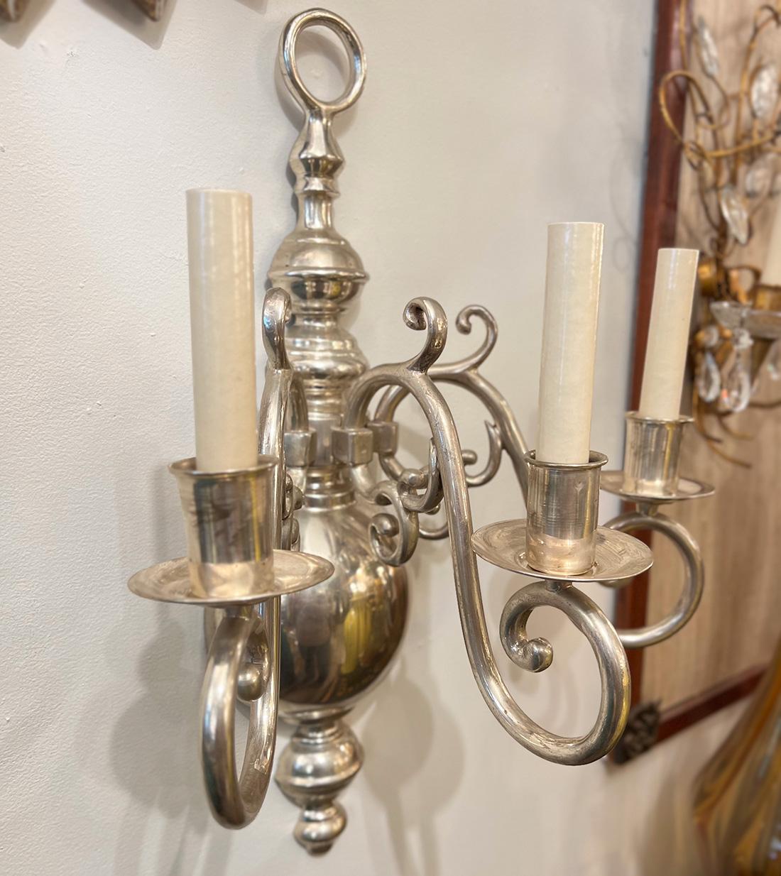 Pair of English Silver-Plated Sconces For Sale 3