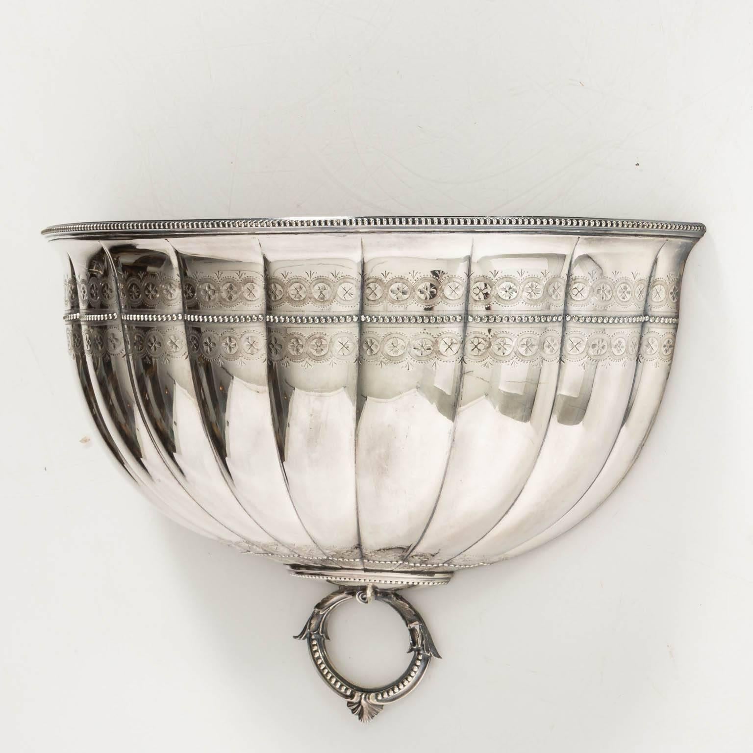 Pair of English silver plated wall planters from Thomas Bradbury and Company that feature beaded and etched guilloche trim, circa 19th century.
 