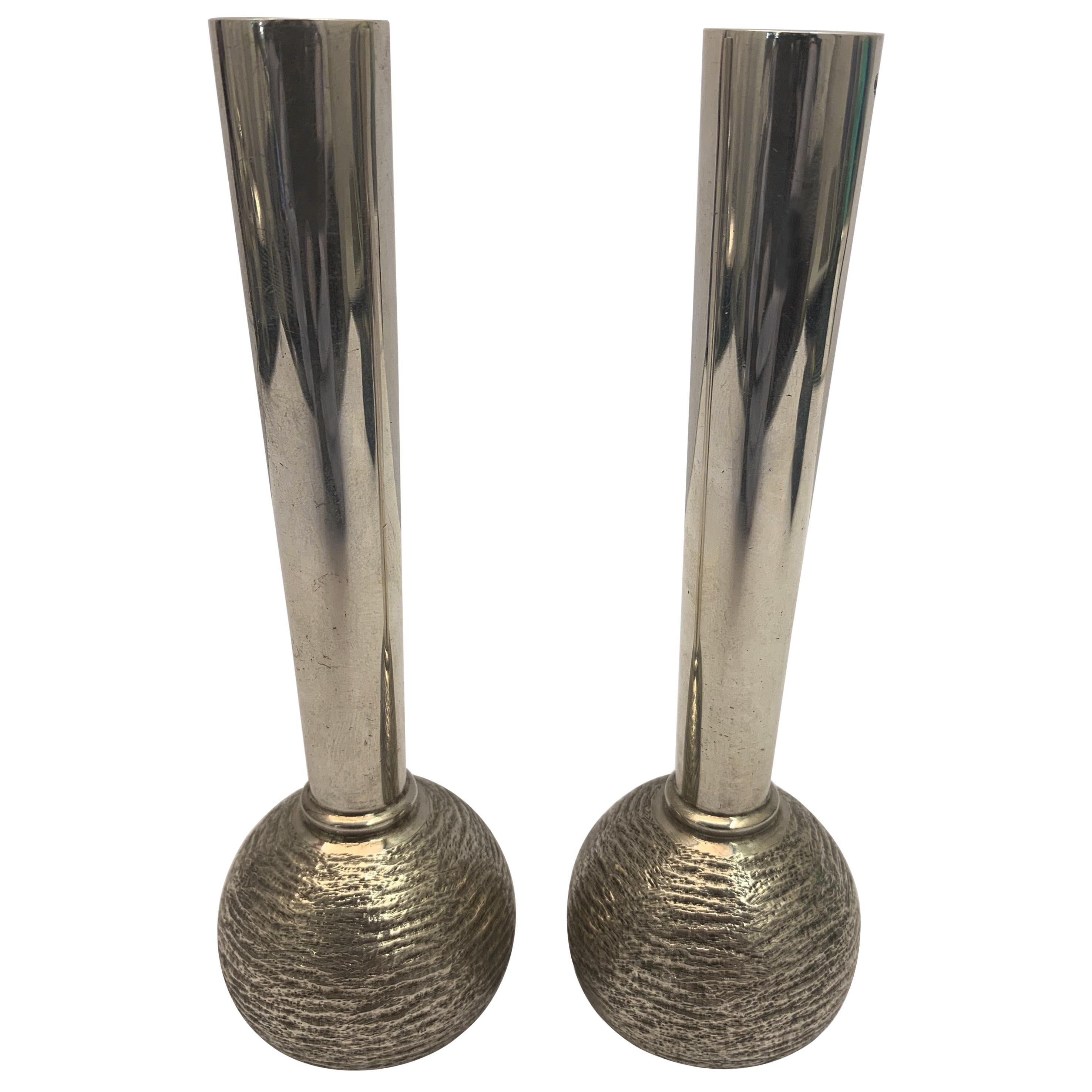 Pair of English Silver Slim Vintage Vases, 1973 For Sale