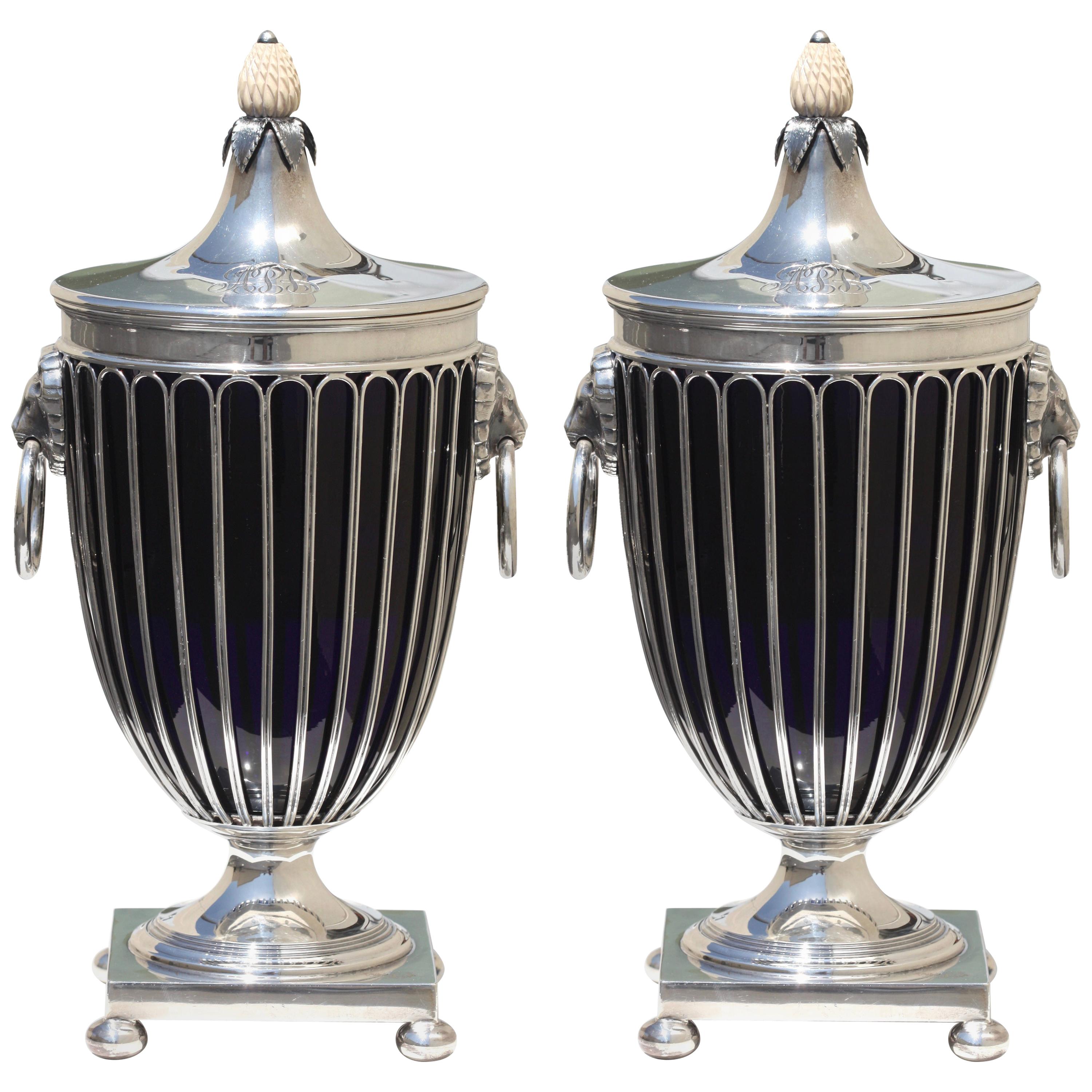 Pair of English Silver Vases and Covers