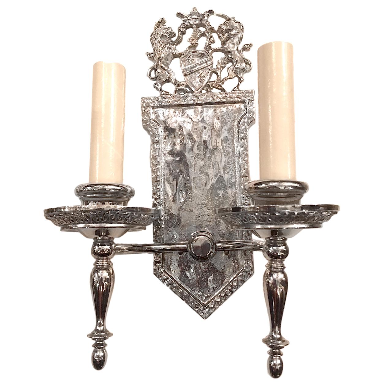 Inglese Coppia di appliques inglesi in bronzo argentato in vendita