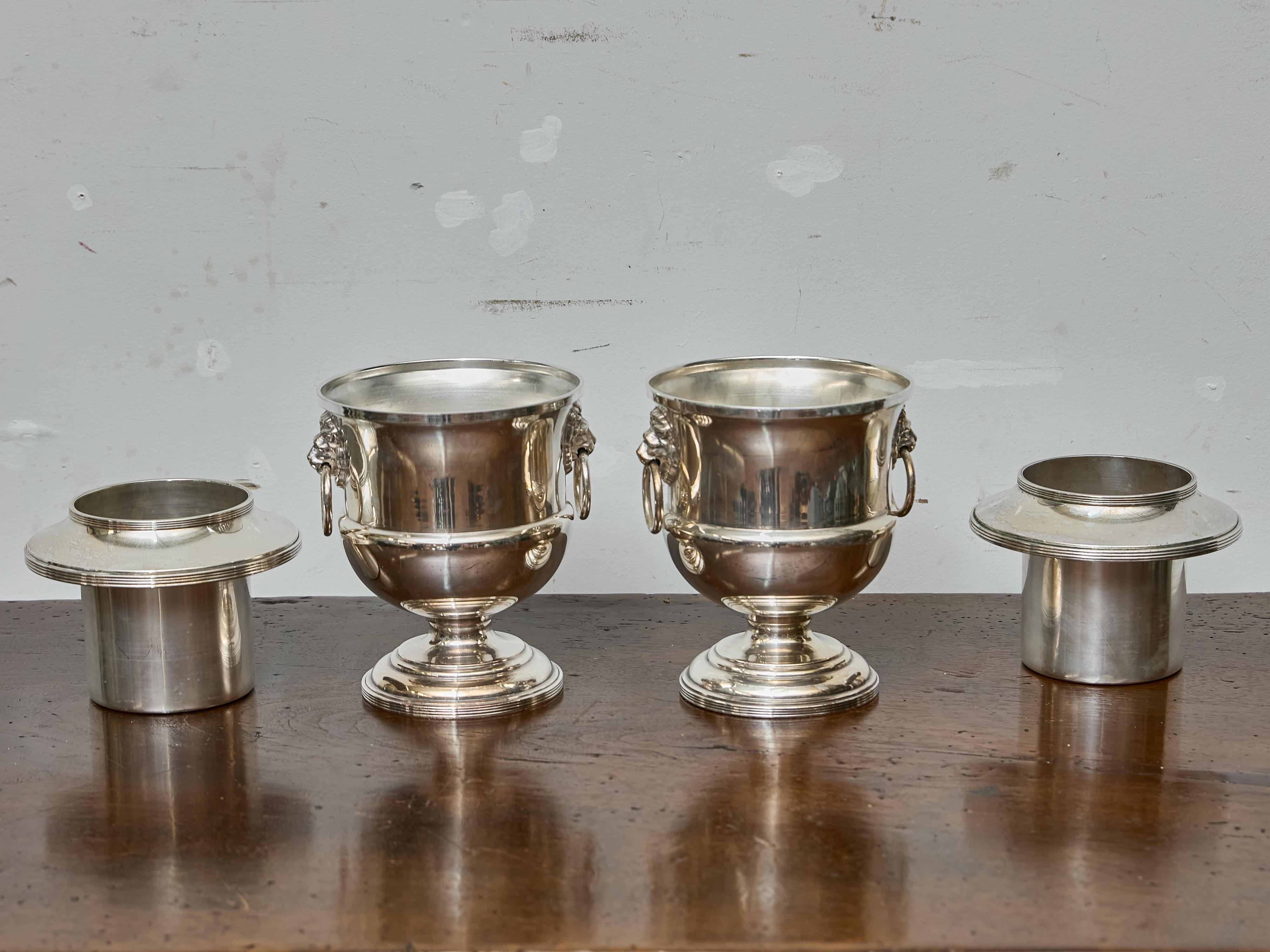 Silver Plate Pair of English Silverplate Wine Coolers with Lion Mask Handles, circa 1900 For Sale