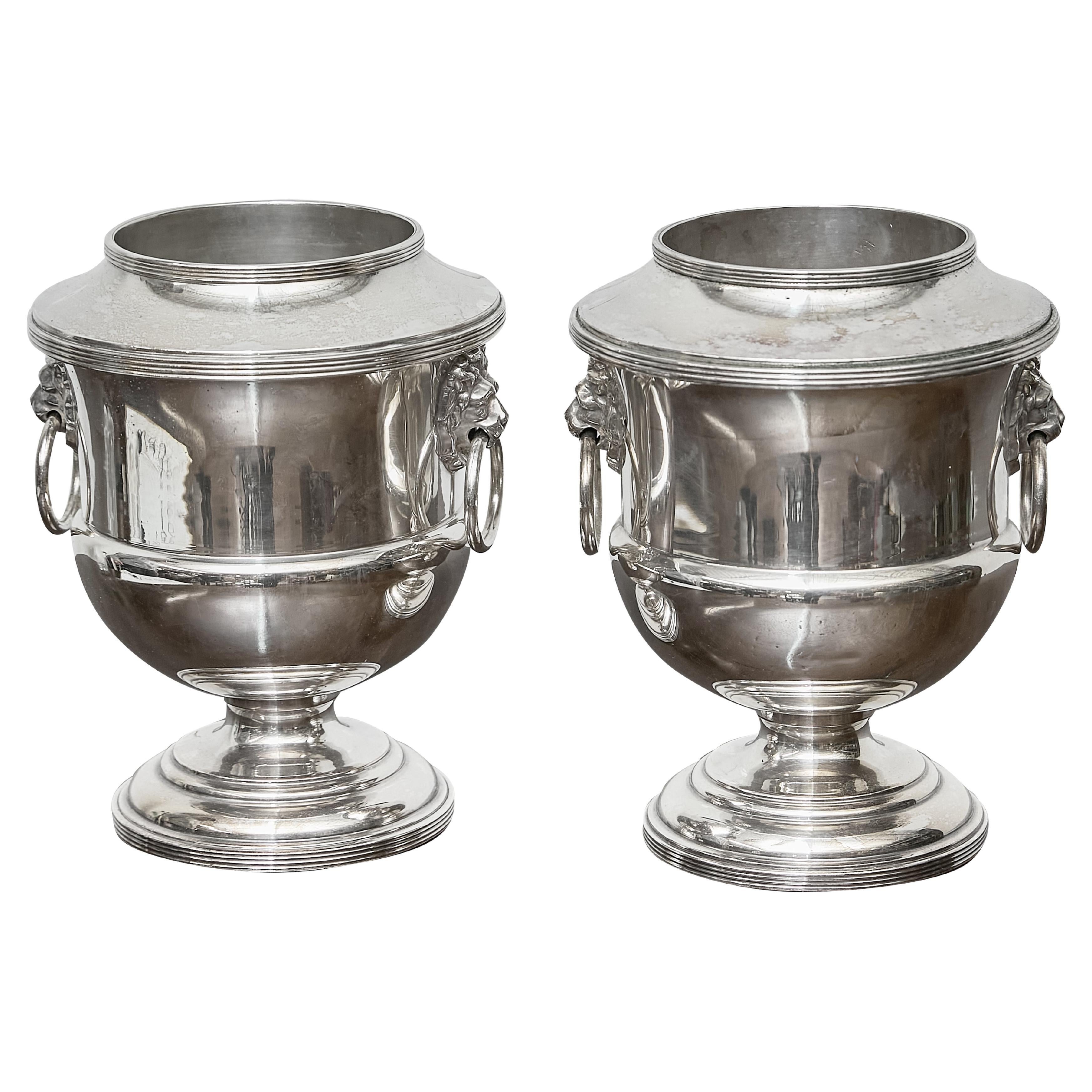Pair of English Silverplate Wine Coolers with Lion Mask Handles, circa 1900 For Sale
