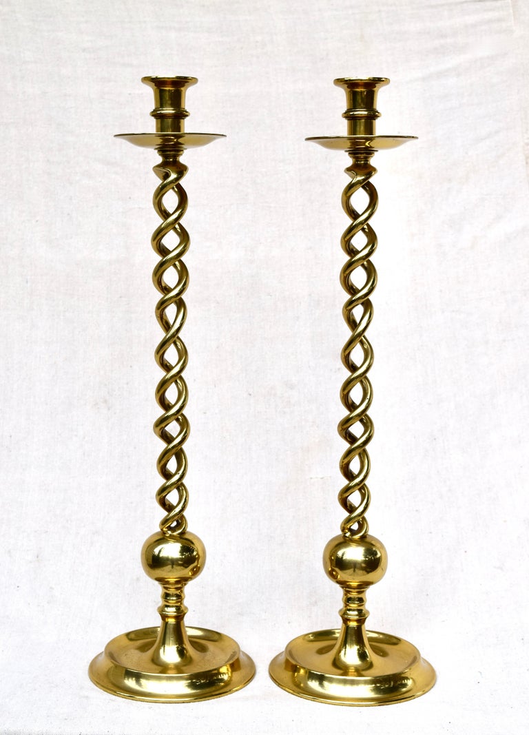 Pair of English Solid Brass Open Barley Twist Candlesticks at 1stDibs