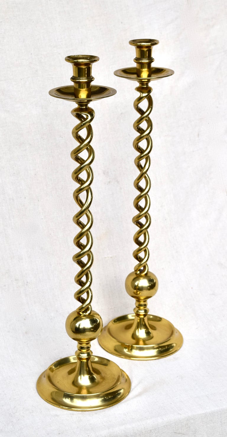Pair of English Solid Brass Open Barley Twist Candlesticks at 1stDibs