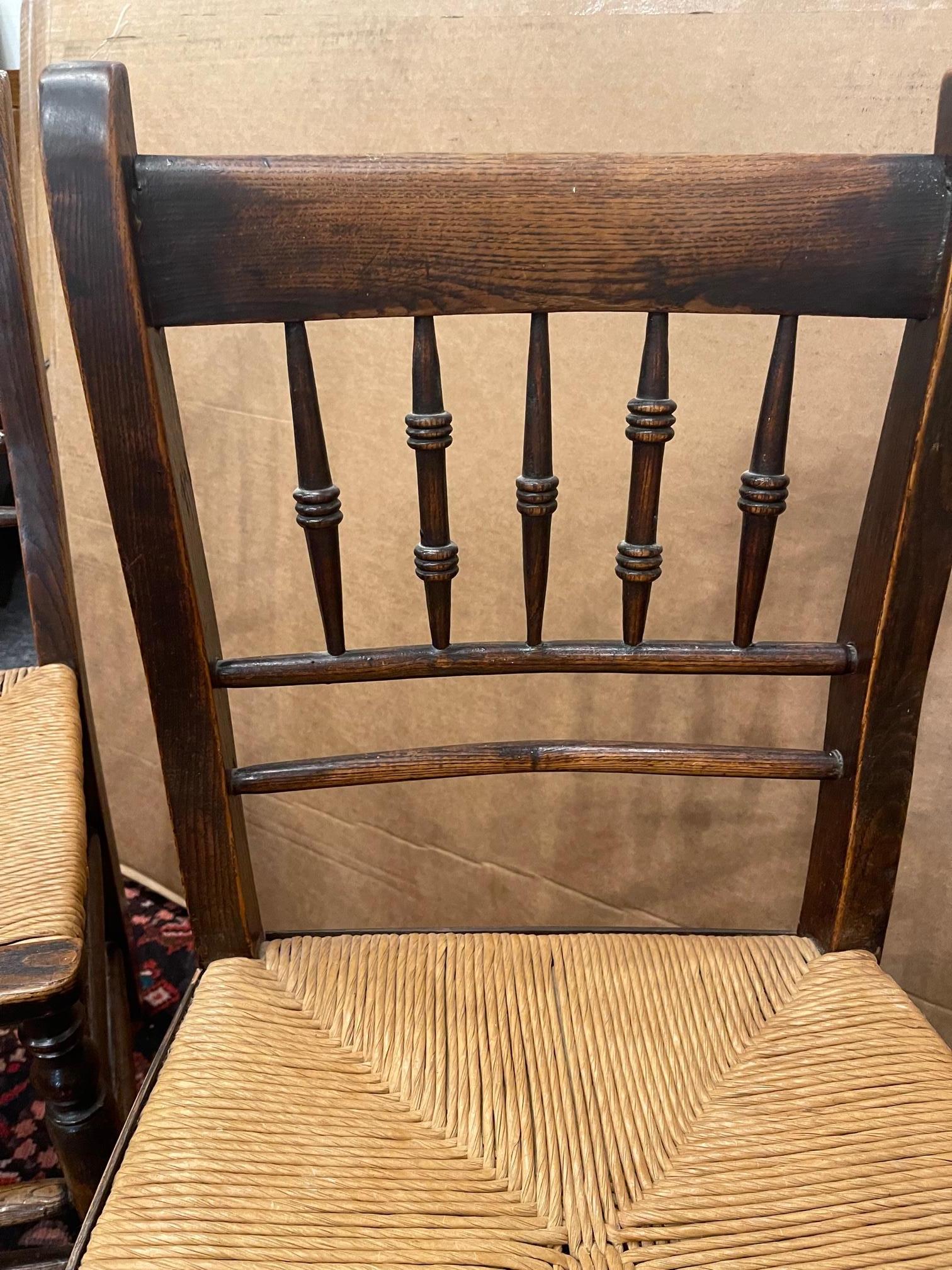 Country Pair of English Spindleback Side Chairs with Rush Seats, Early 19th Century For Sale