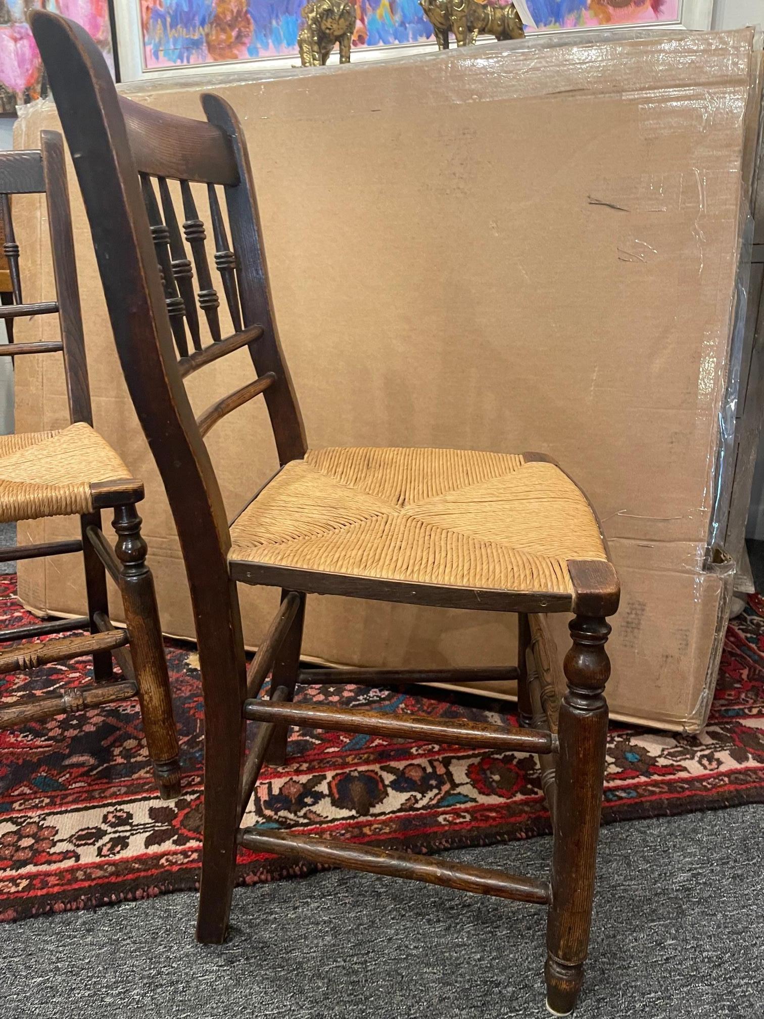 Pair of English Spindleback Side Chairs with Rush Seats, Early 19th Century For Sale 3