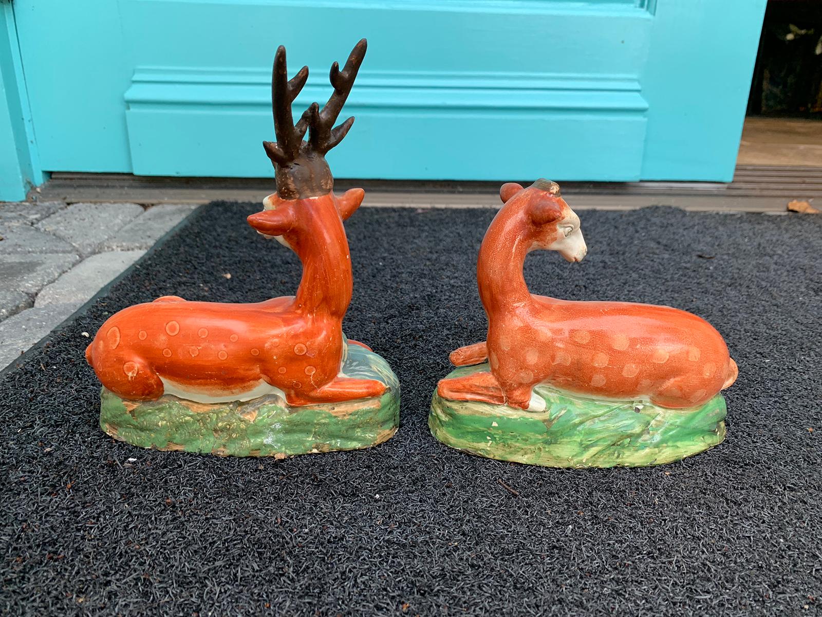 Pair of English Staffordshire Deer, Stag and Doe, circa 1820s 5