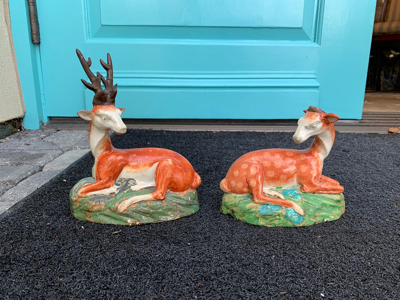 Porcelain Pair of English Staffordshire Deer, Stag and Doe, circa 1820s