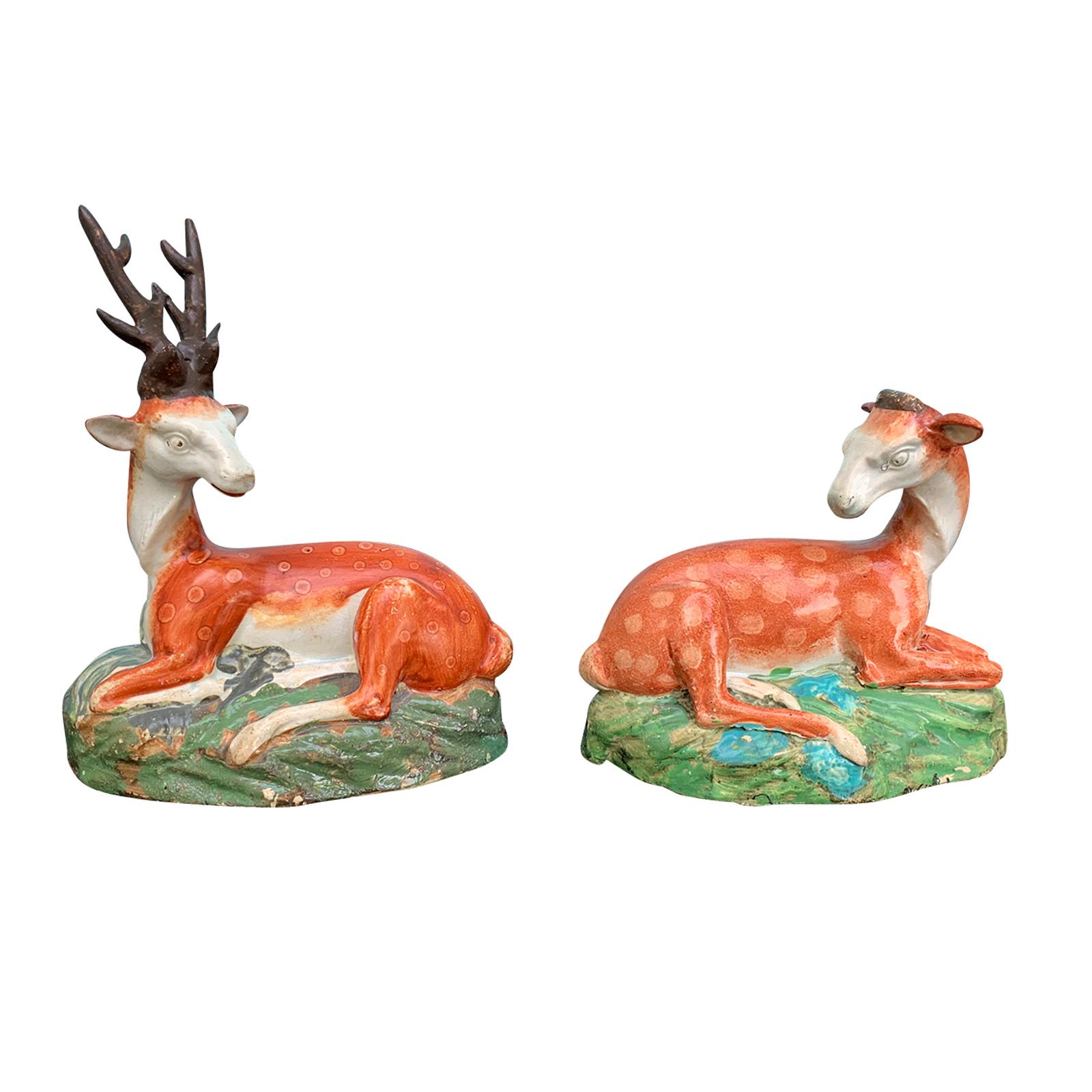Pair of English Staffordshire Deer, Stag and Doe, circa 1820s