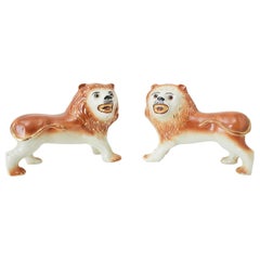 Retro Pair of English Staffordshire Porcelain Standing Lions