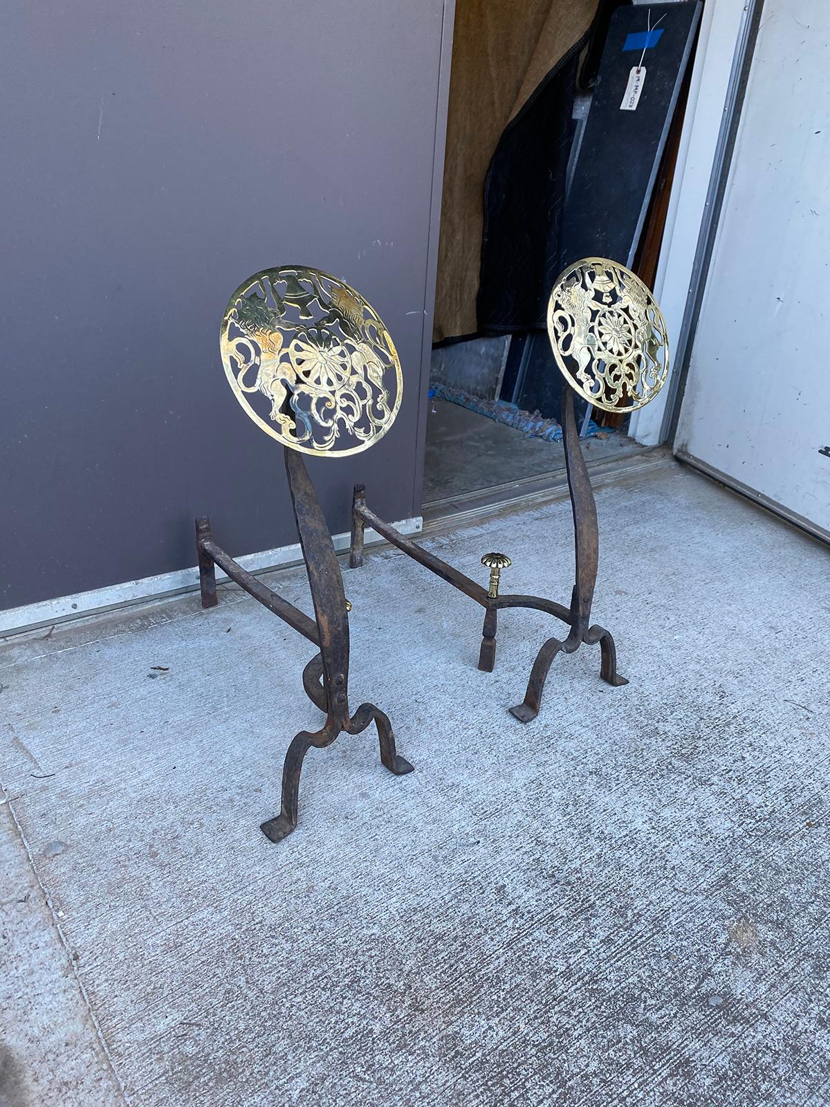 Pair of English Steel and Brass Medallion Andirons with Lions, Marked AA England In Good Condition In Atlanta, GA