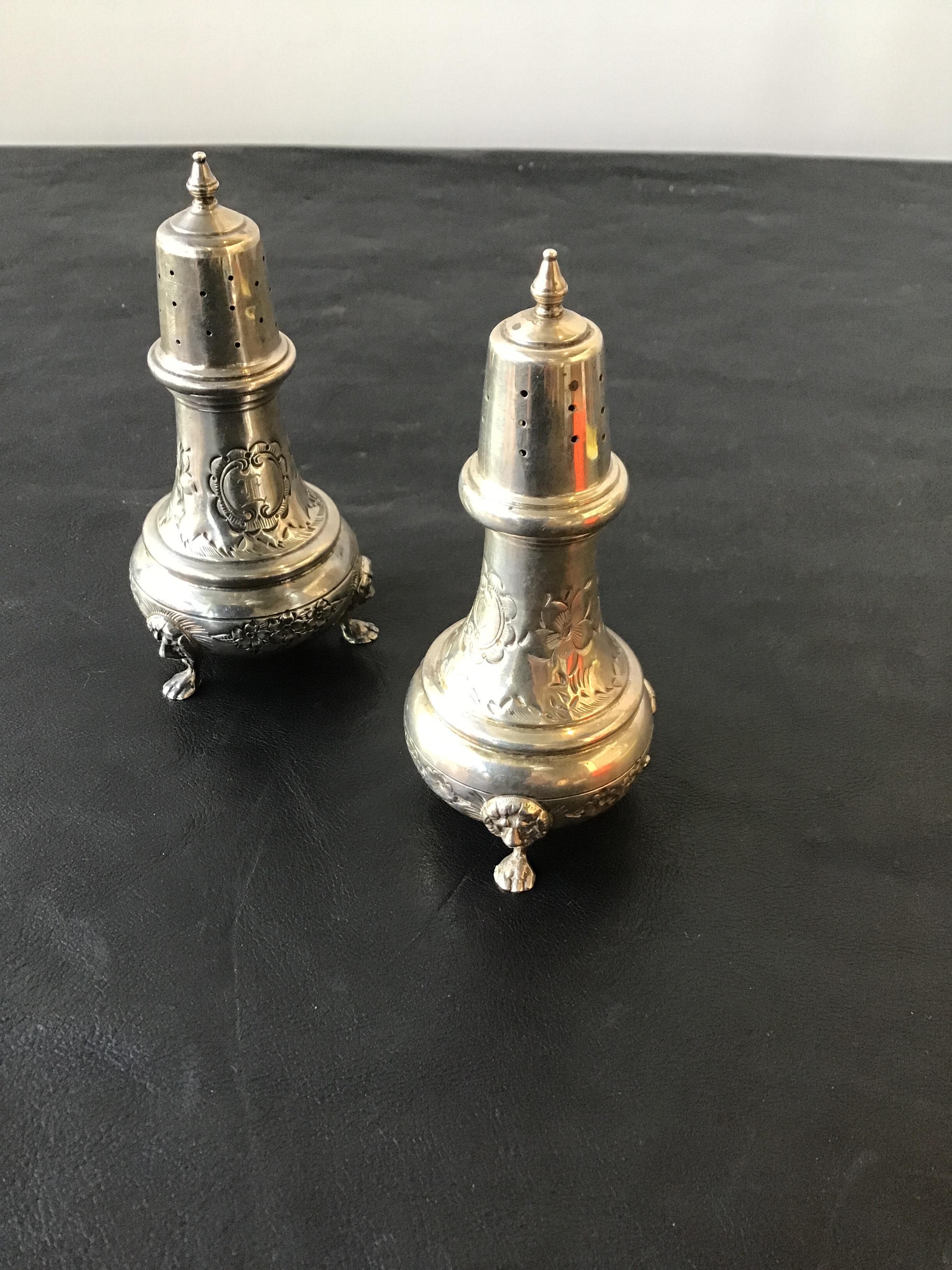Pair of English Sterling Hand Chase Lion Salt and Pepper Shakers For Sale 3