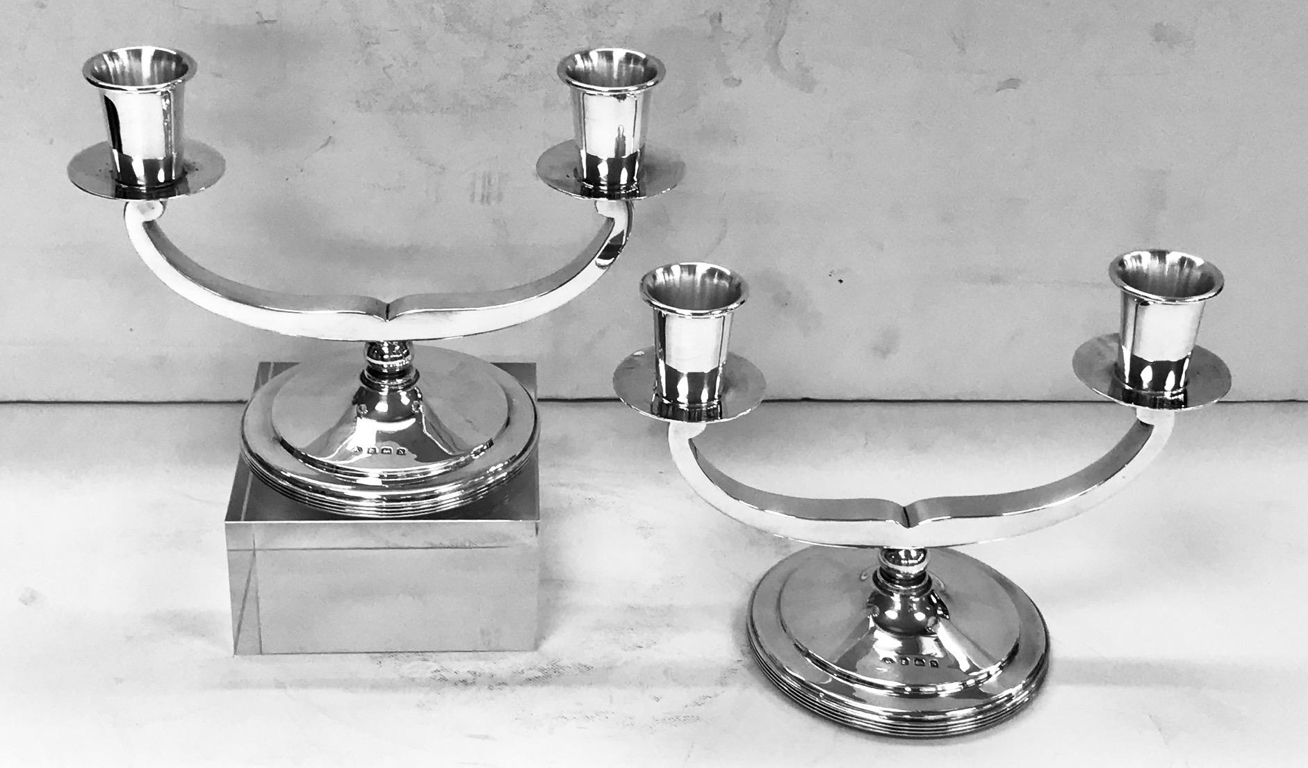 Pair of Art Deco English sterling silver candelabra, made by Adie Brothers, and hallmarked Birmingham, 1937.