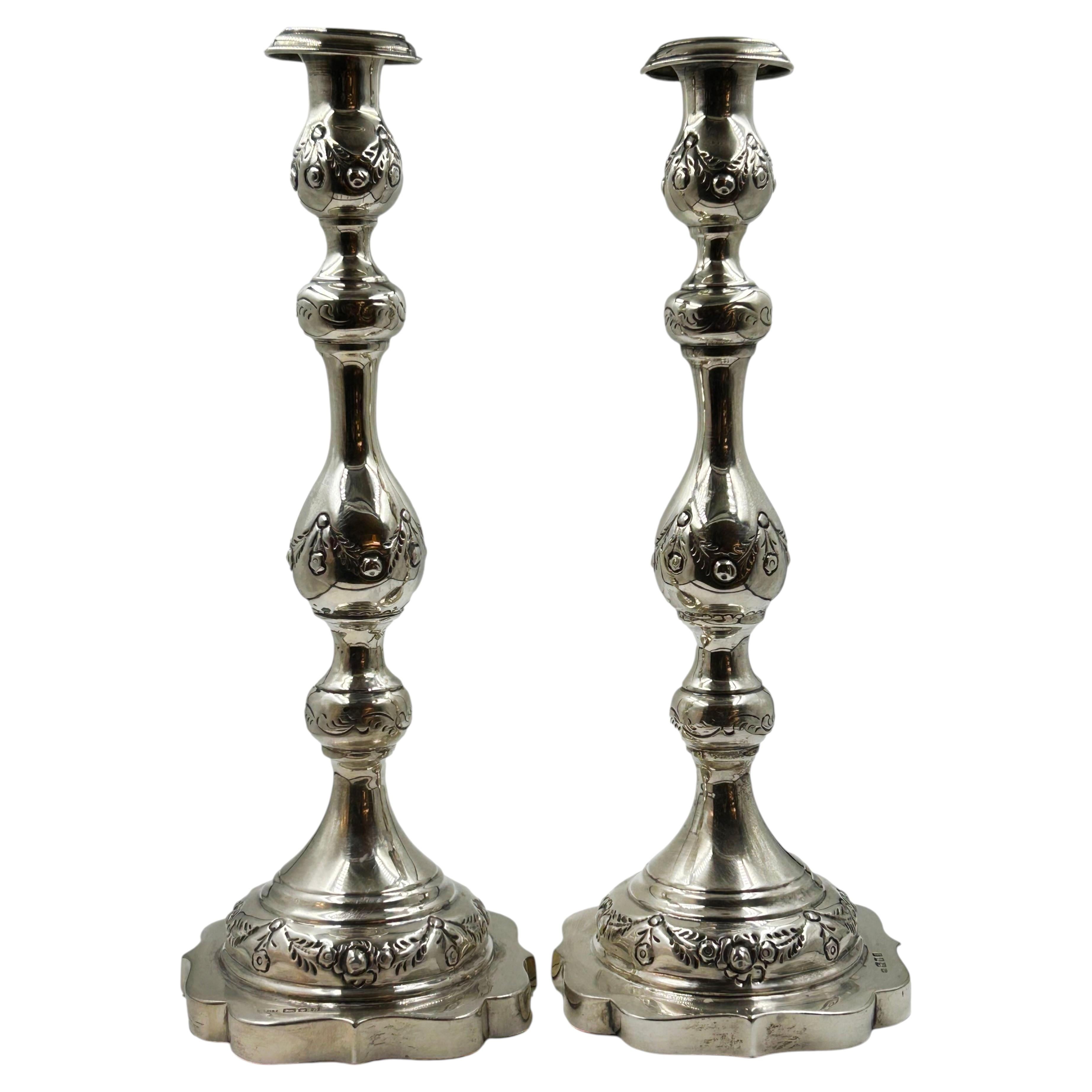 Pair of English Sterling Silver Candlesticks, Late 19th–Early 20th Century For Sale